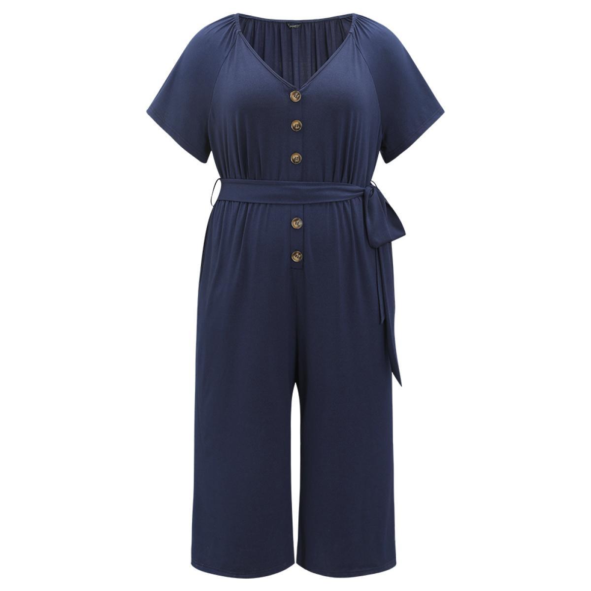 Plus Size DarkBlue Solid Button Up V Neck Belted Gathered Flutter Sleeve Jumpsuit Women Elegant Short sleeve V-neck Dailywear Loose Jumpsuits BloomChic 10/M Product Image