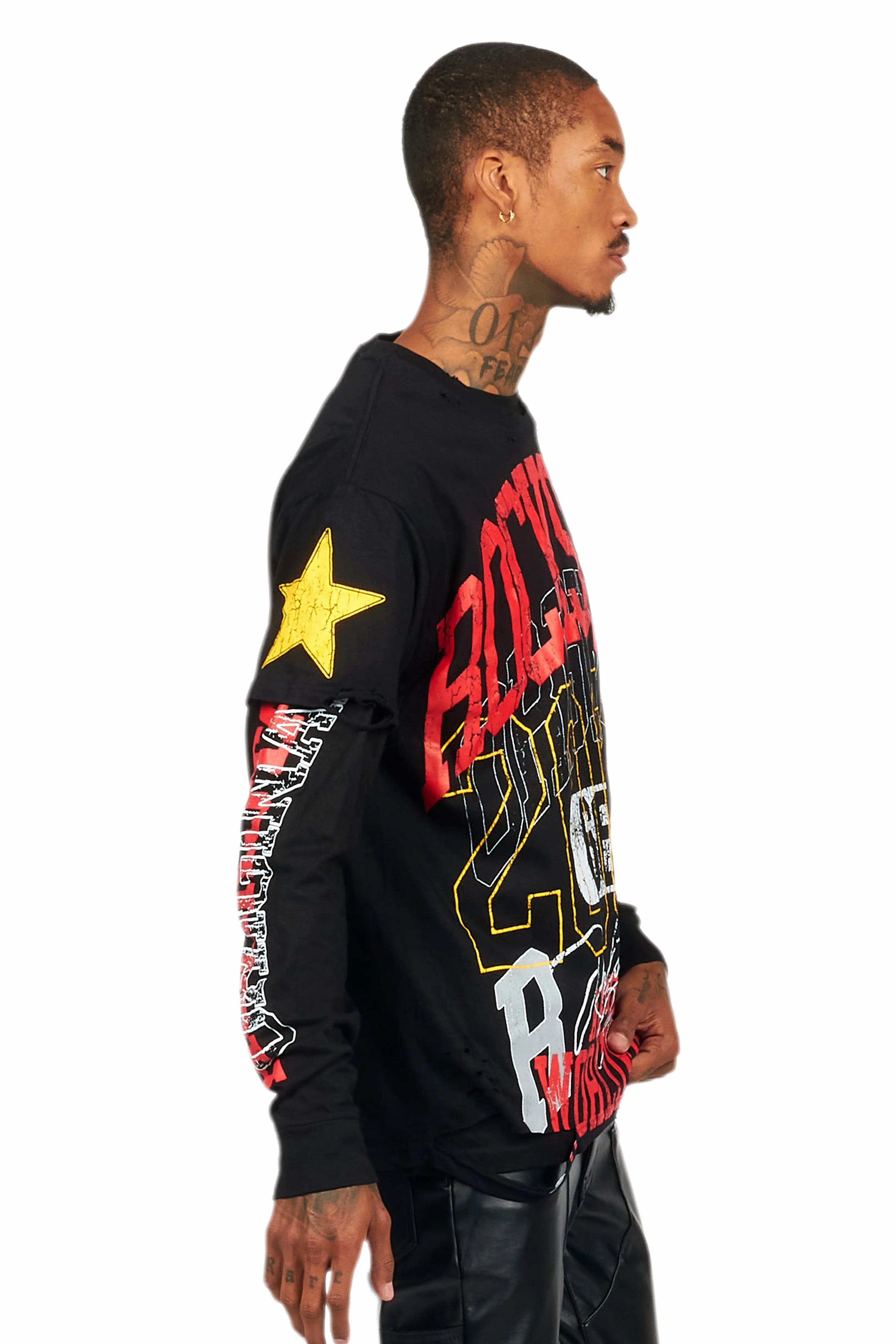 Santie Black Double Layer Long Sleeve Graphic T-Shirt Male Product Image