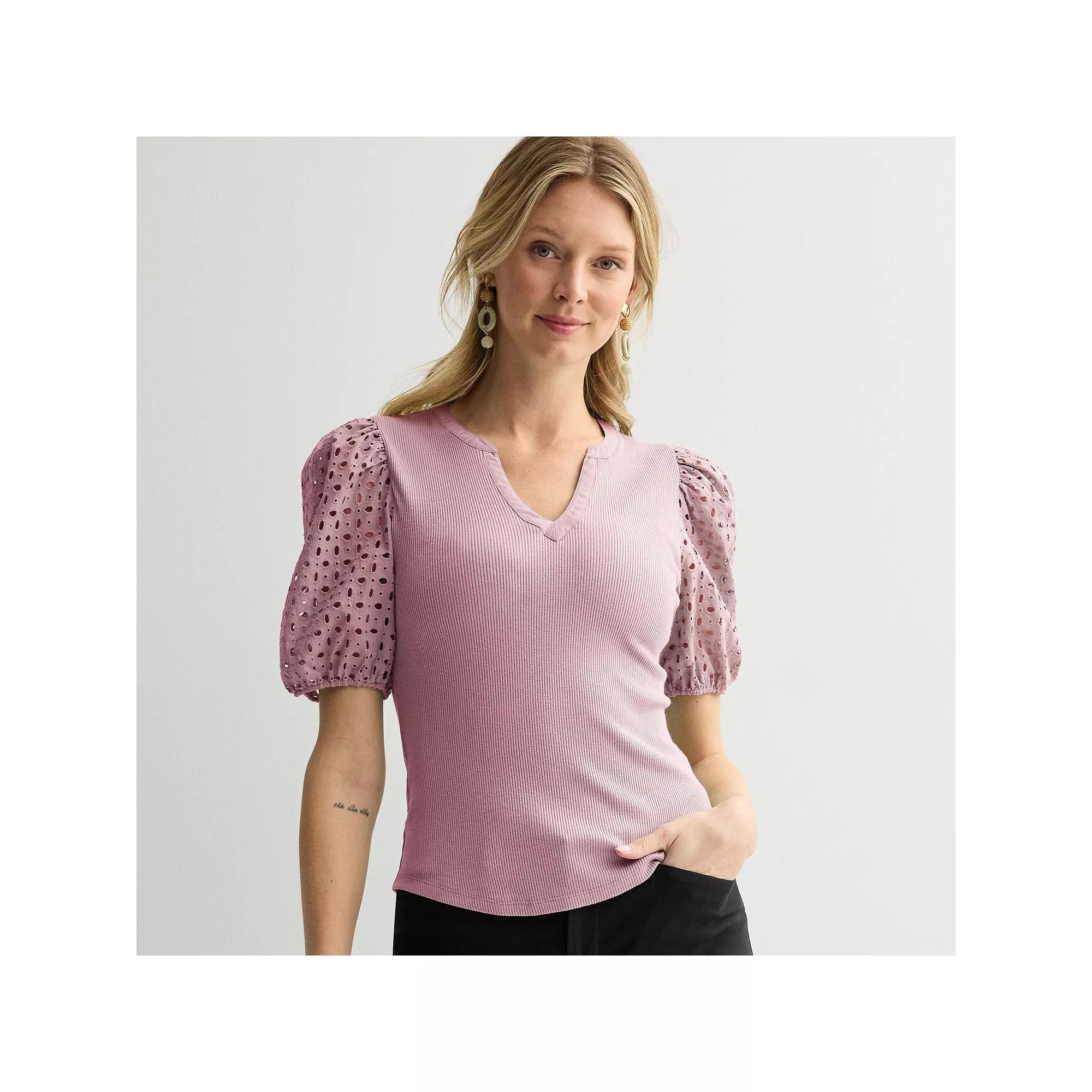 Women's Nine West Mixed Media Puff Sleeve Y-Neck Top, Size: Large, Hanover Blue Product Image