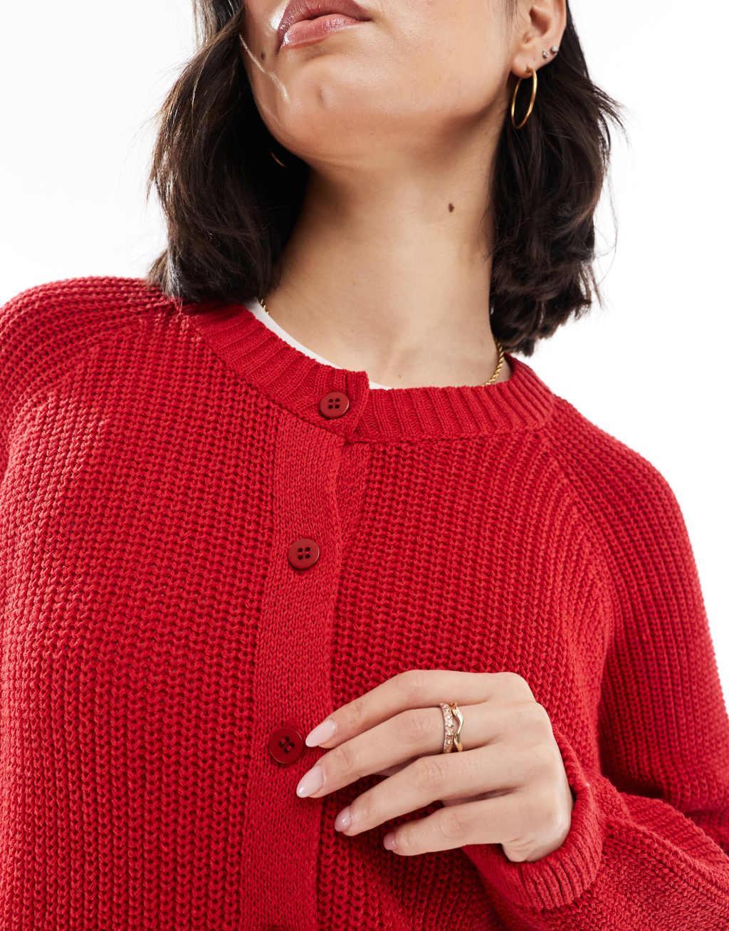 ASOS DESIGN knit raglan cardigan in red Product Image