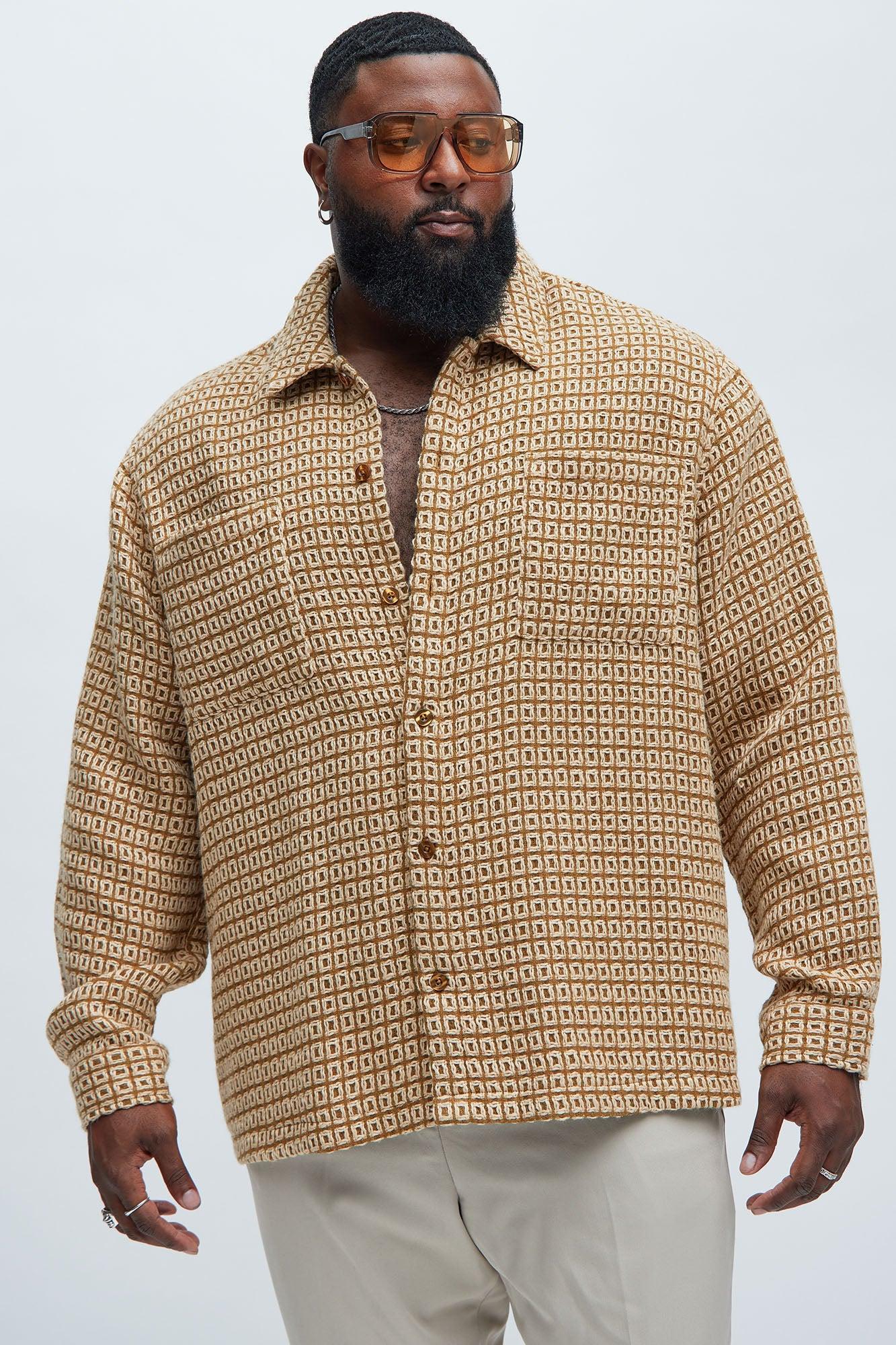 Oversized Island Textured Button Up Shirt - Brown Combo Product Image