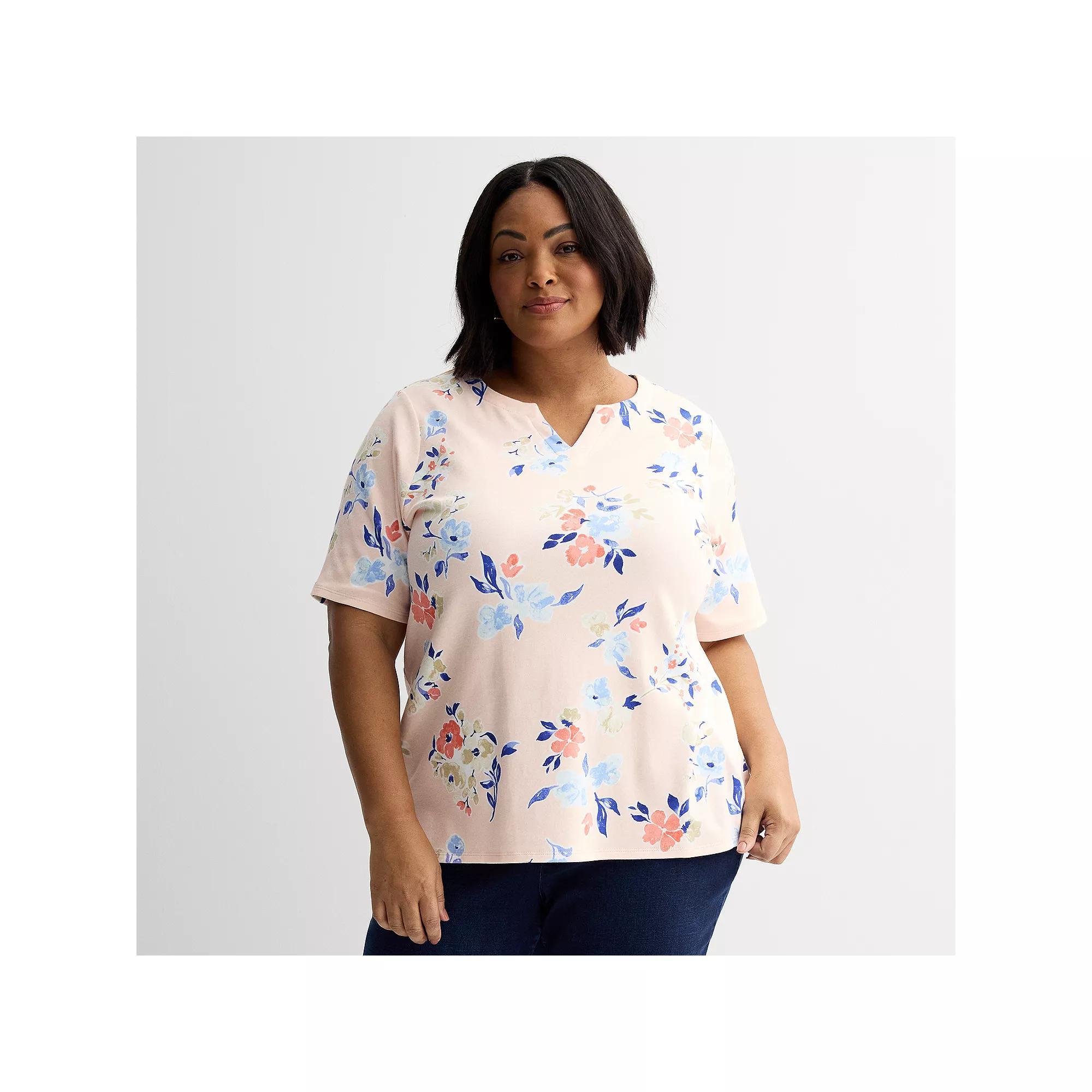 Plus Size Croft & Barrow® Elbow Sleeve Split Neck Top, Women's, Size: 3XL, Pink Floral Wash Product Image
