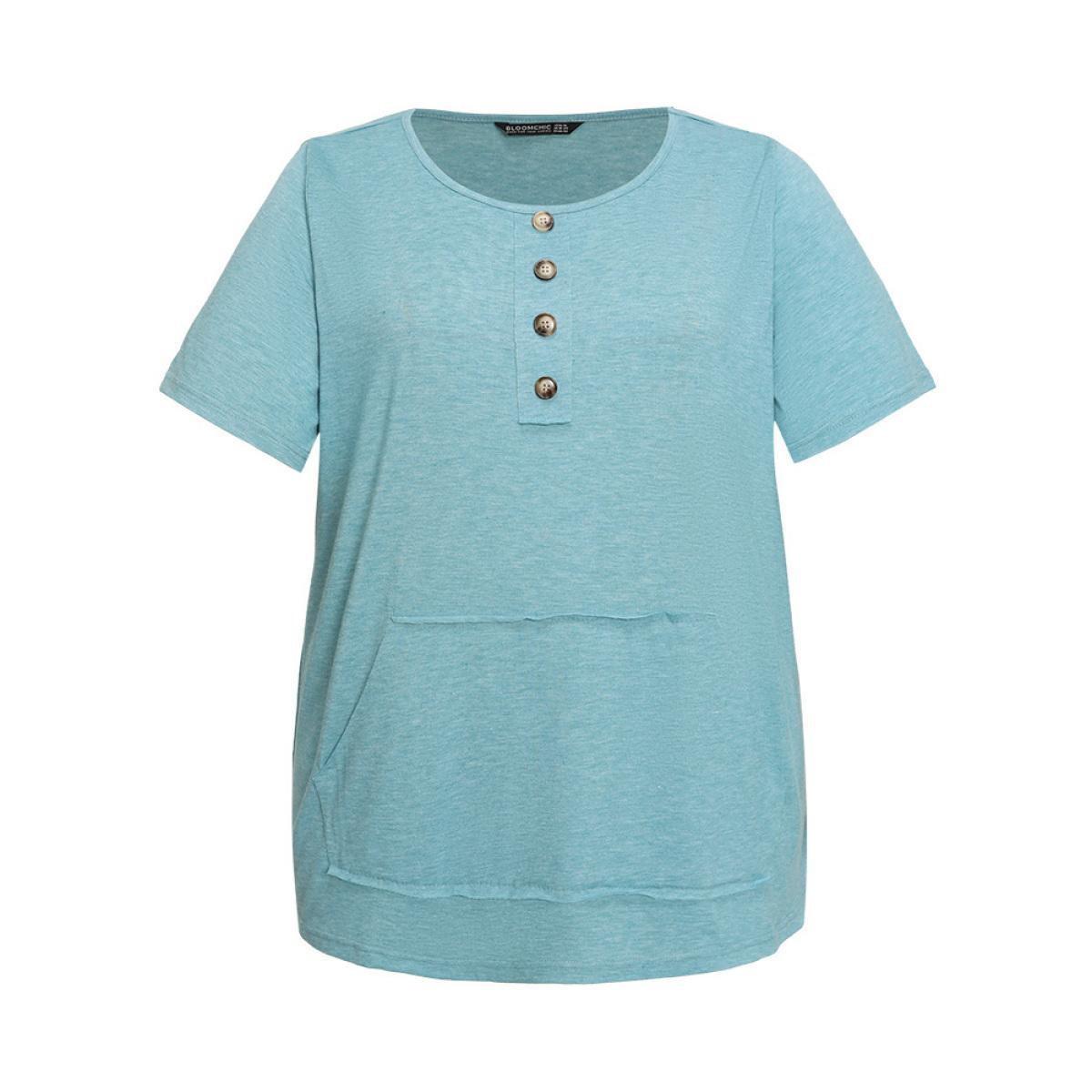Plus Size Plain Heather Button Detail Patch Pocket T-shirt Cerulean Women Casual Heather Plain Round Neck Dailywear T-shirts BloomChic 22-24/3X Product Image
