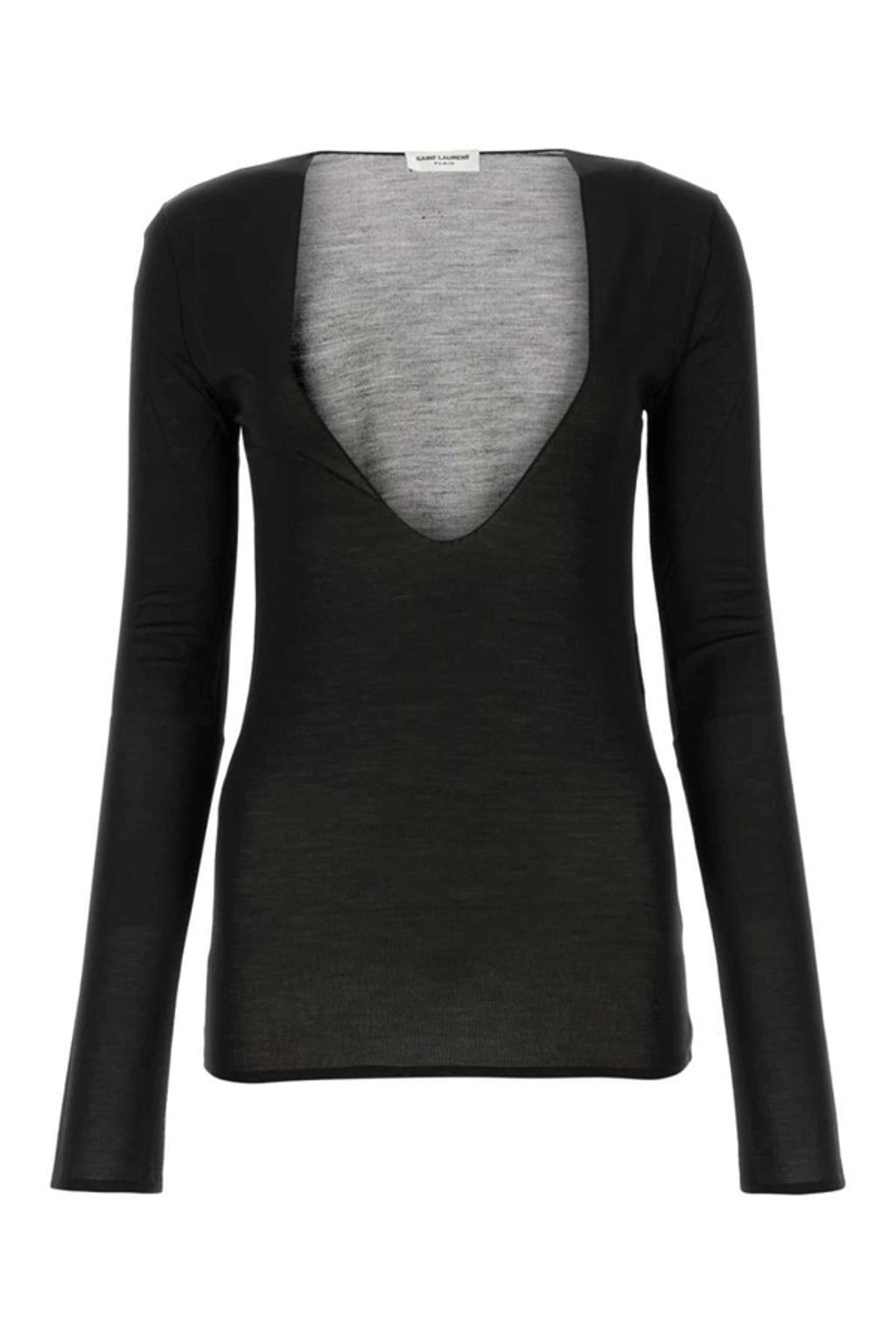 SAINT LAURENT Sheer Silk V-neck Knit With Textured Sleeves In Black Product Image