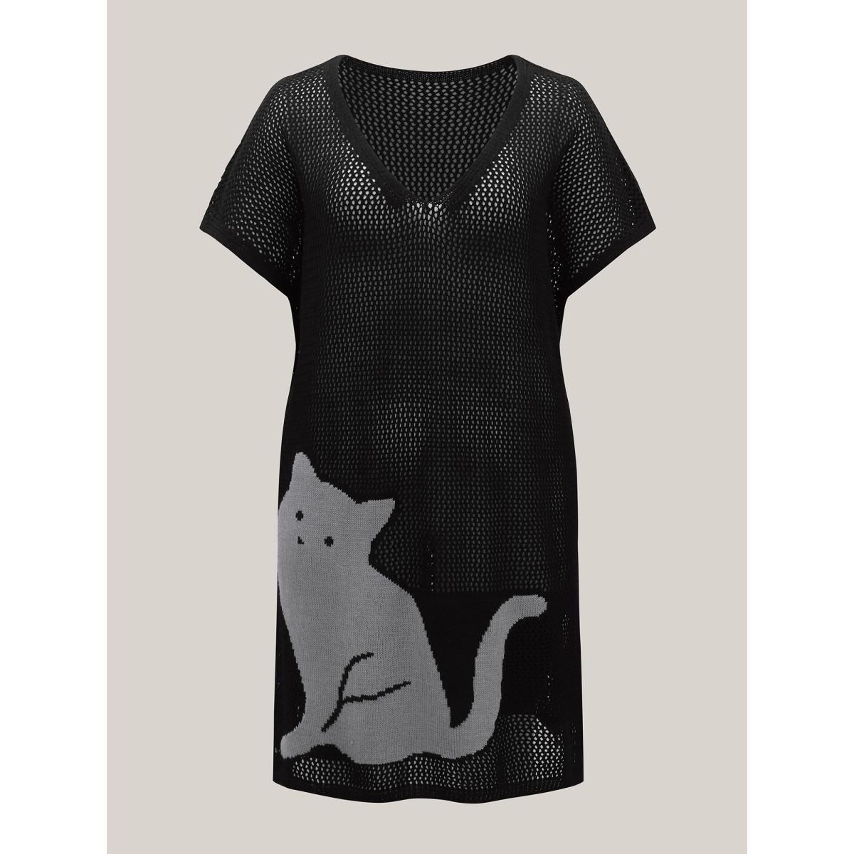 Plus Size Cut-Out Sheer Cat Pattern Swim Cover-Up Women's Swimwear Black Beach Loose Contrast Curve Swim Cover Ups BloomChic 14-16/1X Product Image