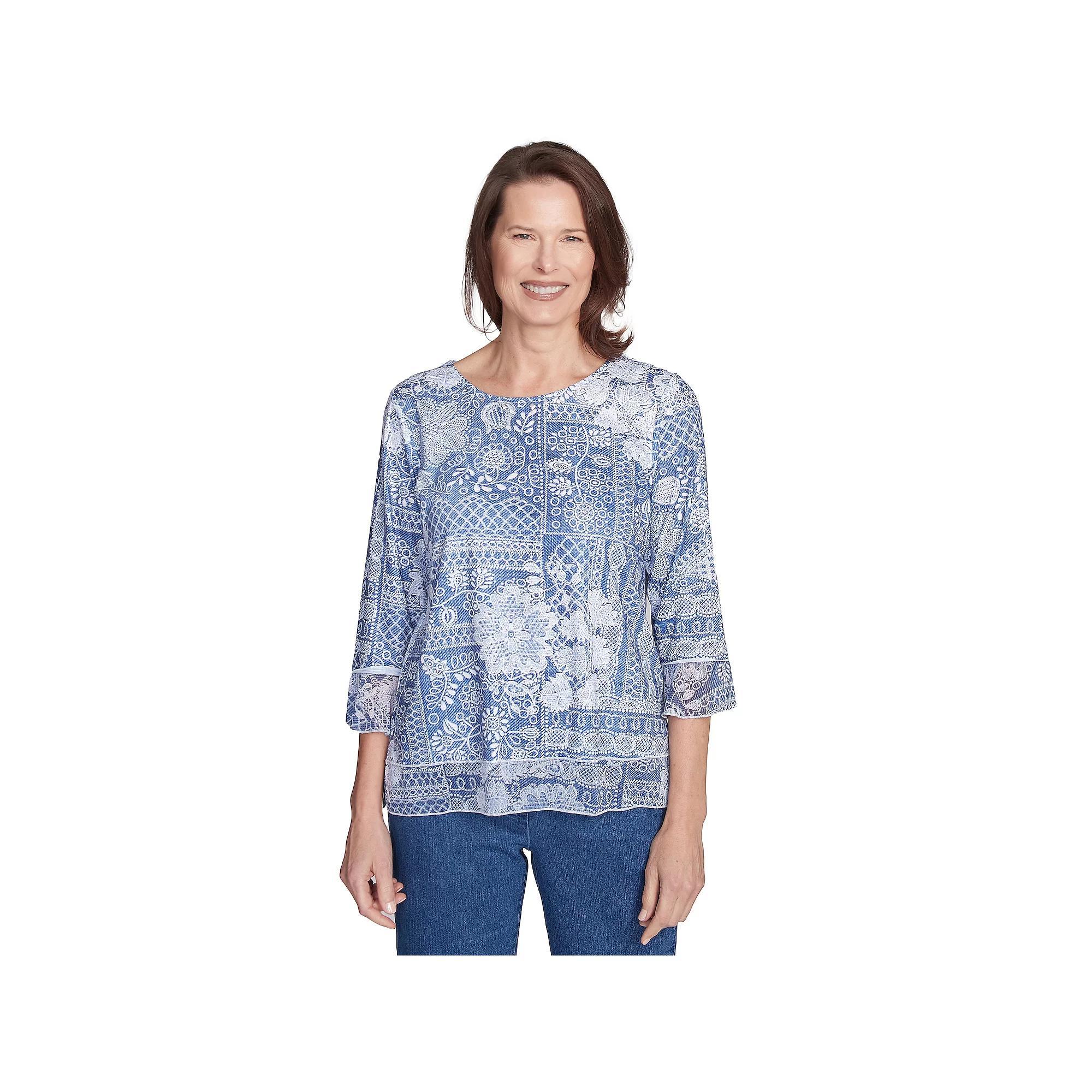 Petite Alfred Dunner Lacey Floral Patchwork Crew Neck Top, Women's,  Product Image