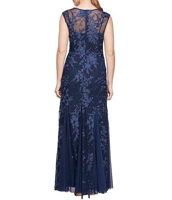 Alex Evenings Petite Size Cap Sleeves Illusion Boat Neck Godet Skirt Floral Embroidered Tulle Gown Product Image