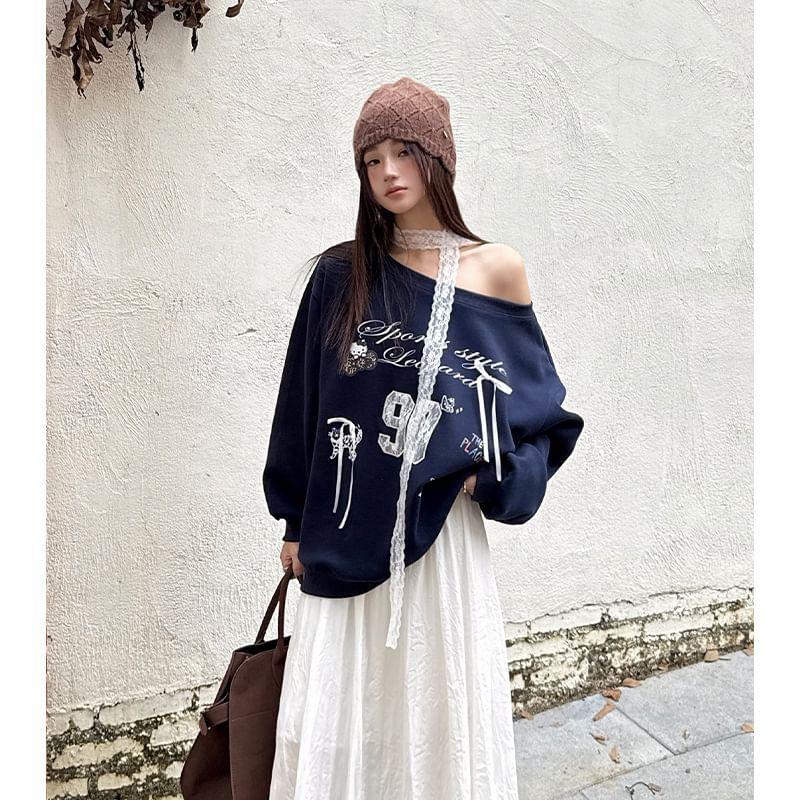 Long Sleeve Cold-Shoulder Lettering Print Lace Panel Loose-Fit Sweatshirt Product Image