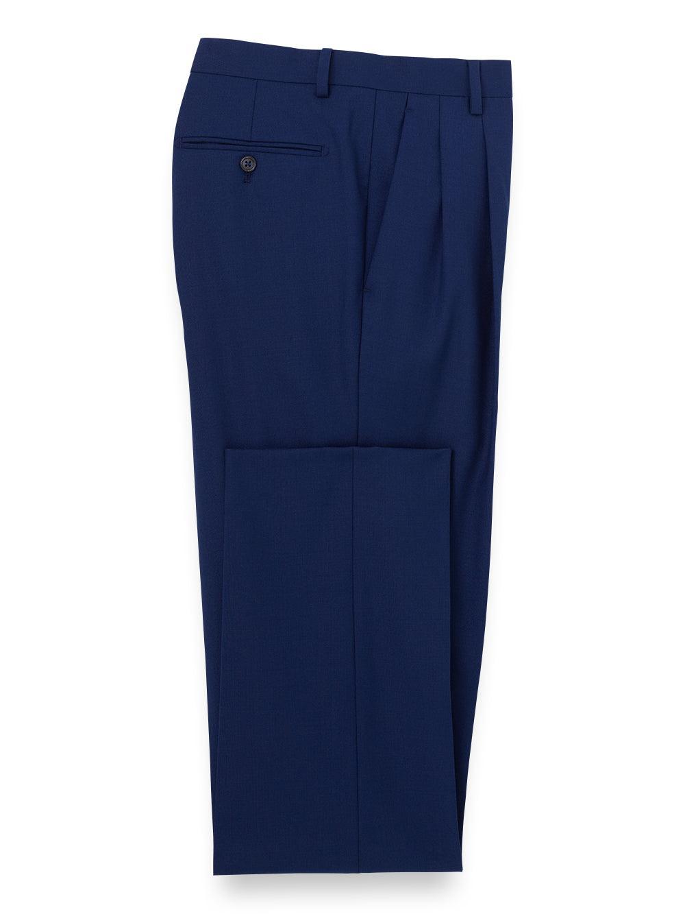 Wool Stretch Bengaline Pleated Suit Pants - Blue Product Image