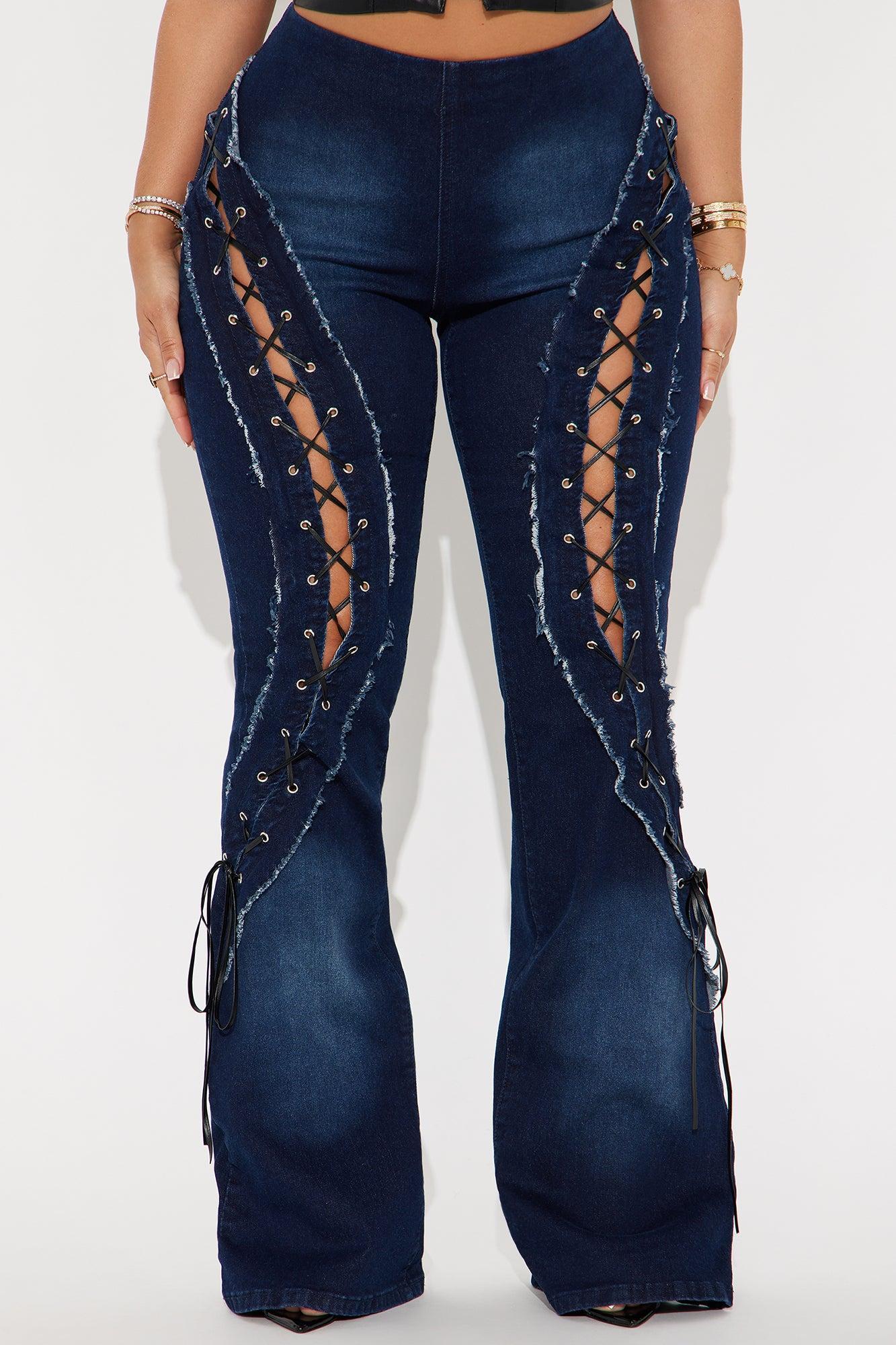 Day By Day Stretch Lace Up Straight Leg Jeans - Dark Wash Product Image