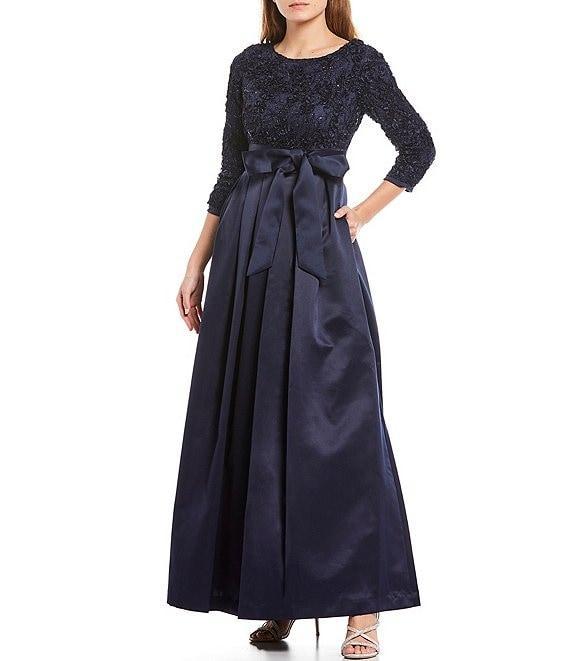 Jessica Howard Soutache Floral Lace Round Neck Sequin Bodice Satin 3/4 Sleeve Tie Belt Ball Gown Product Image