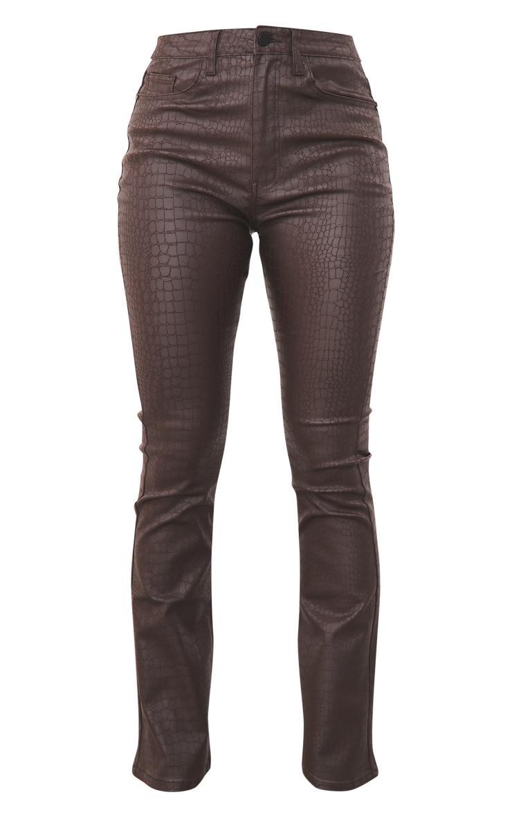 Chocolate Brown Croc Coated Denim Flared Jeans Product Image