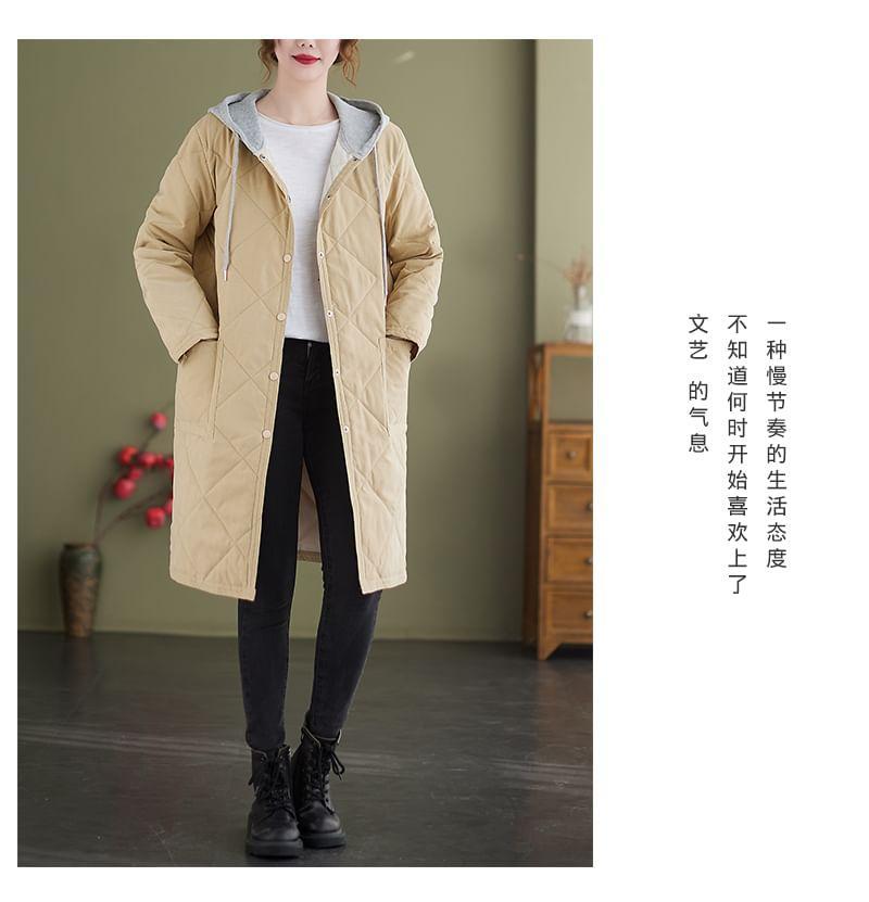 Plain Hooded Quilted Midi Single-Breasted Jacket Product Image