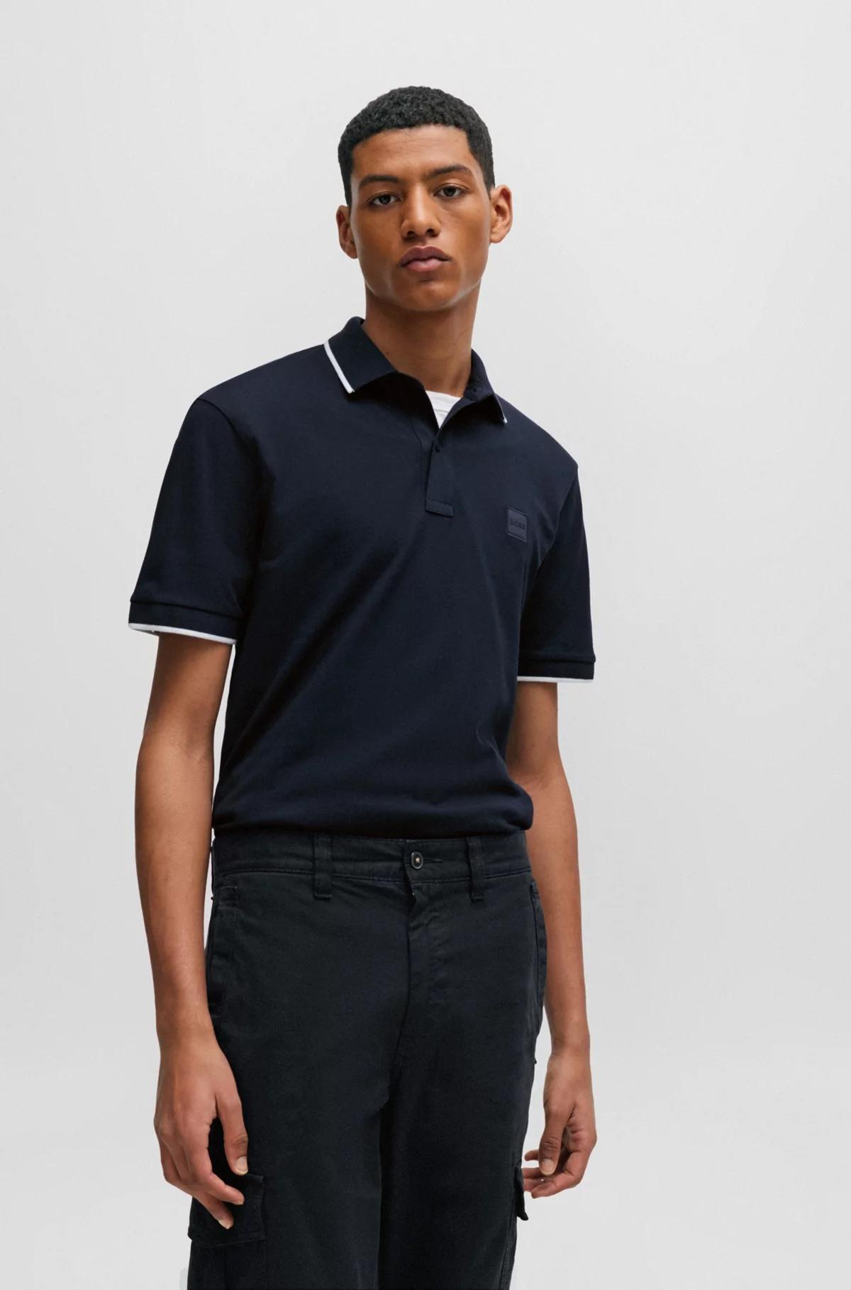 HUGO BOSS Stretch-cotton Slim-fit Polo Shirt With Logo Patch In Dark Blue Product Image