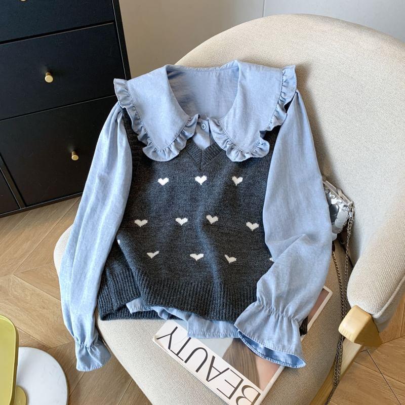 Set: Long-Sleeve Peter Pan Collar Plain Frill Trim Blouse + V-Neck Heart Print Sweater Vest Product Image