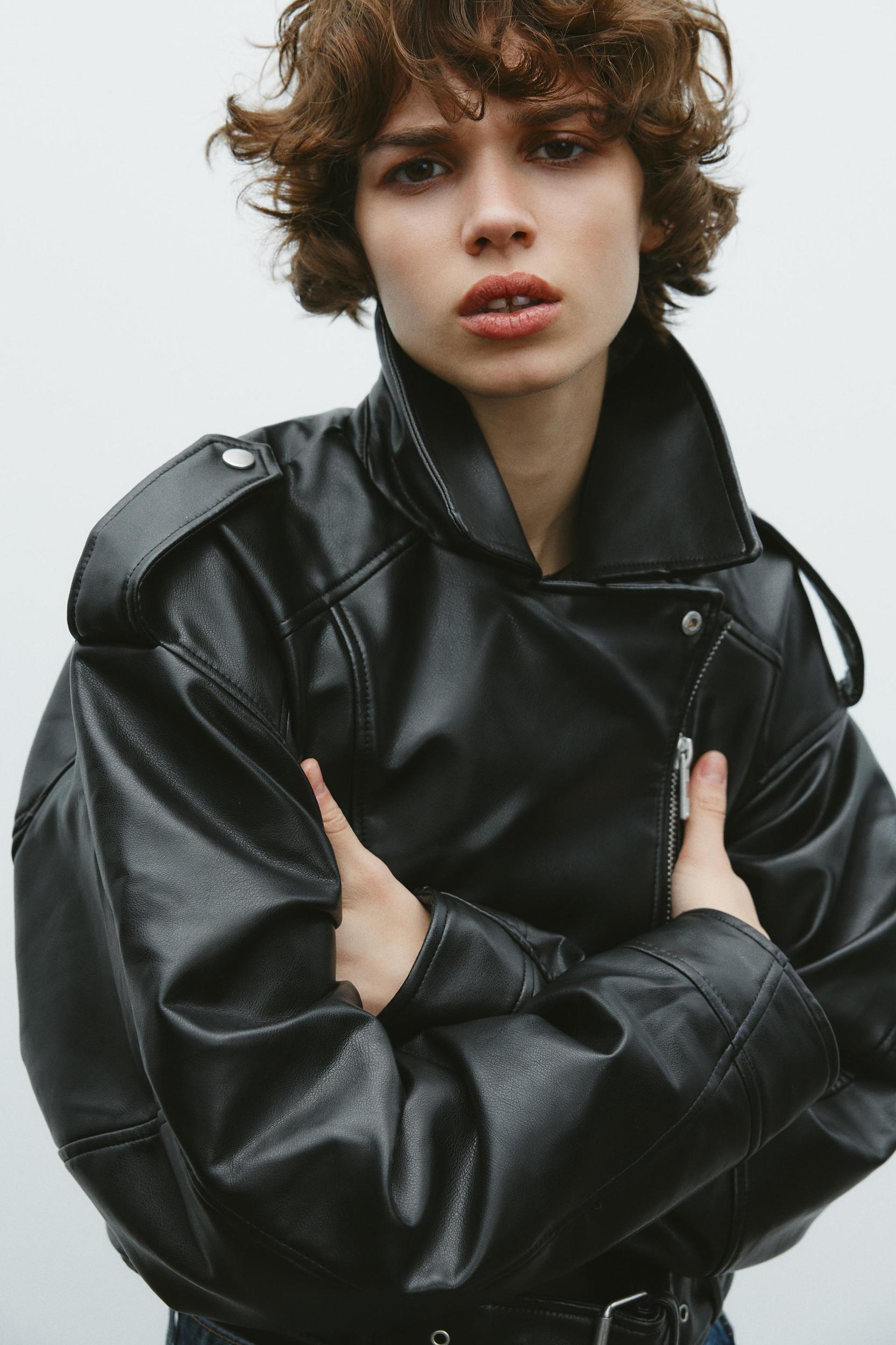 FAUX LEATHER CROP BIKER JACKET Product Image