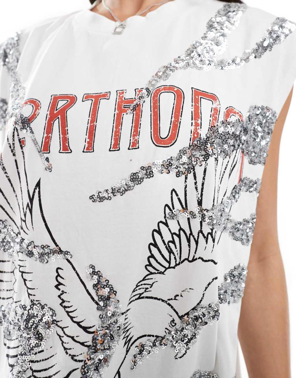 ASOS DESIGN oversized tank with embellished graphic in white Product Image