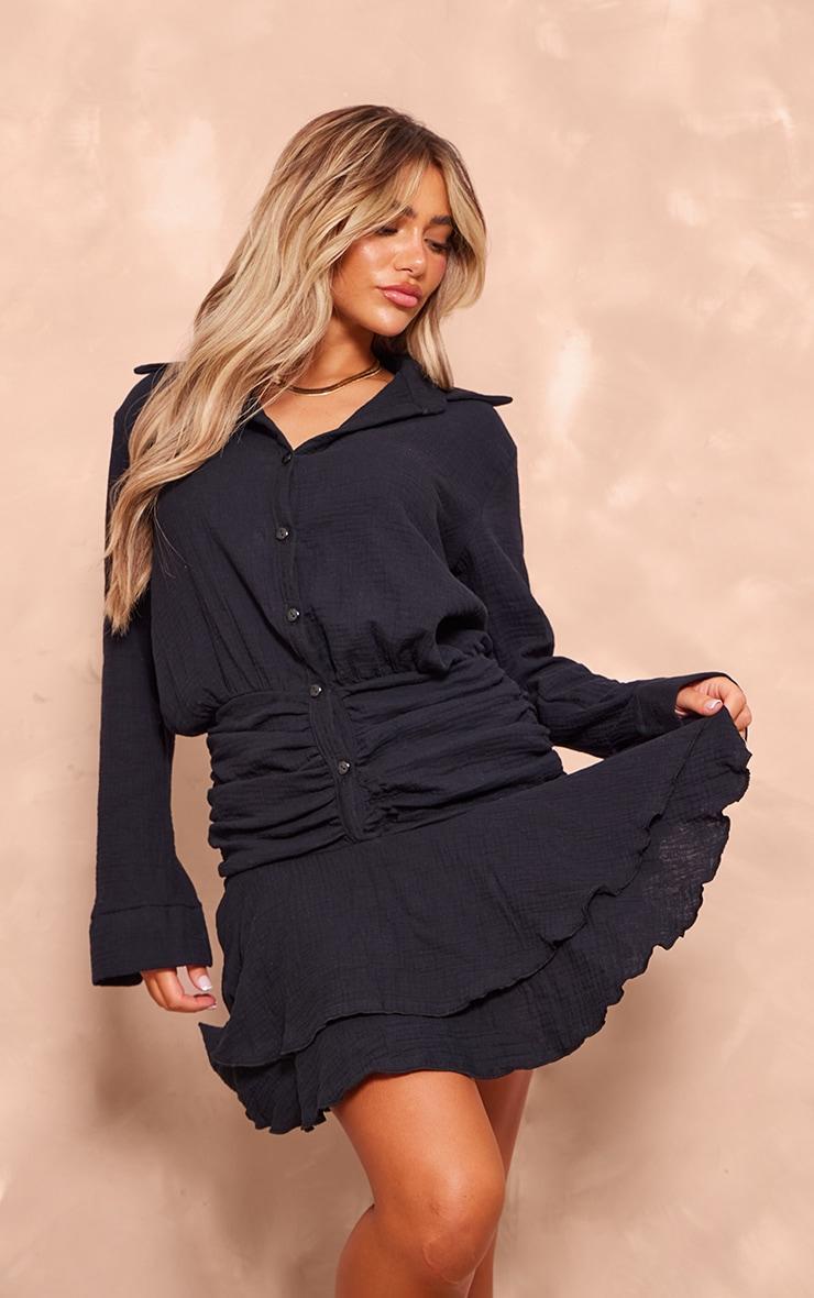 Black Oversized Shirt Frill Detail Shift Dress Product Image