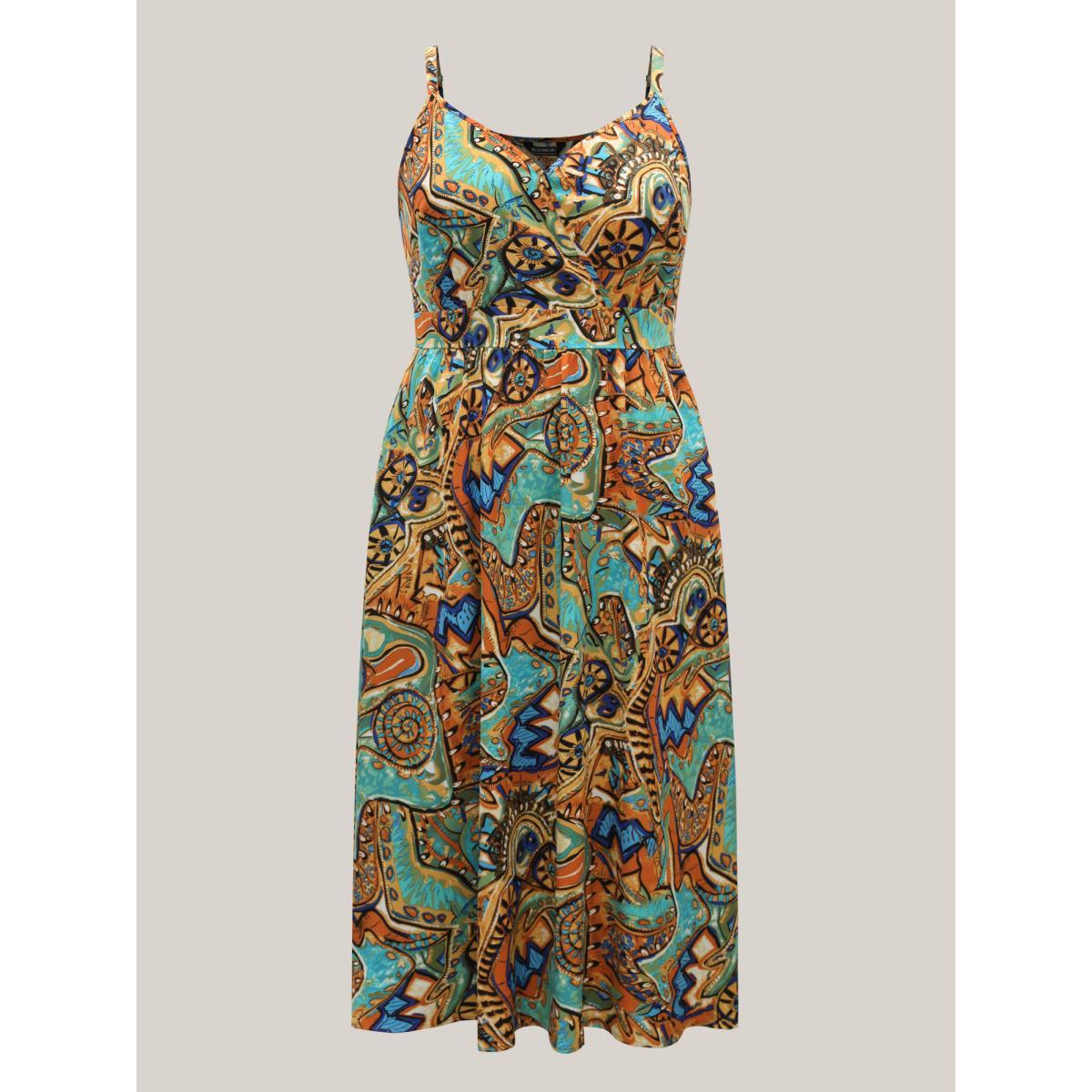 Plus Size Boho Print Stretchy Waist Pockets Maxi Dress Multicolor Women Boho Gathered Overlap Collar Sleeveless Curvy BloomChic 10/M Product Image