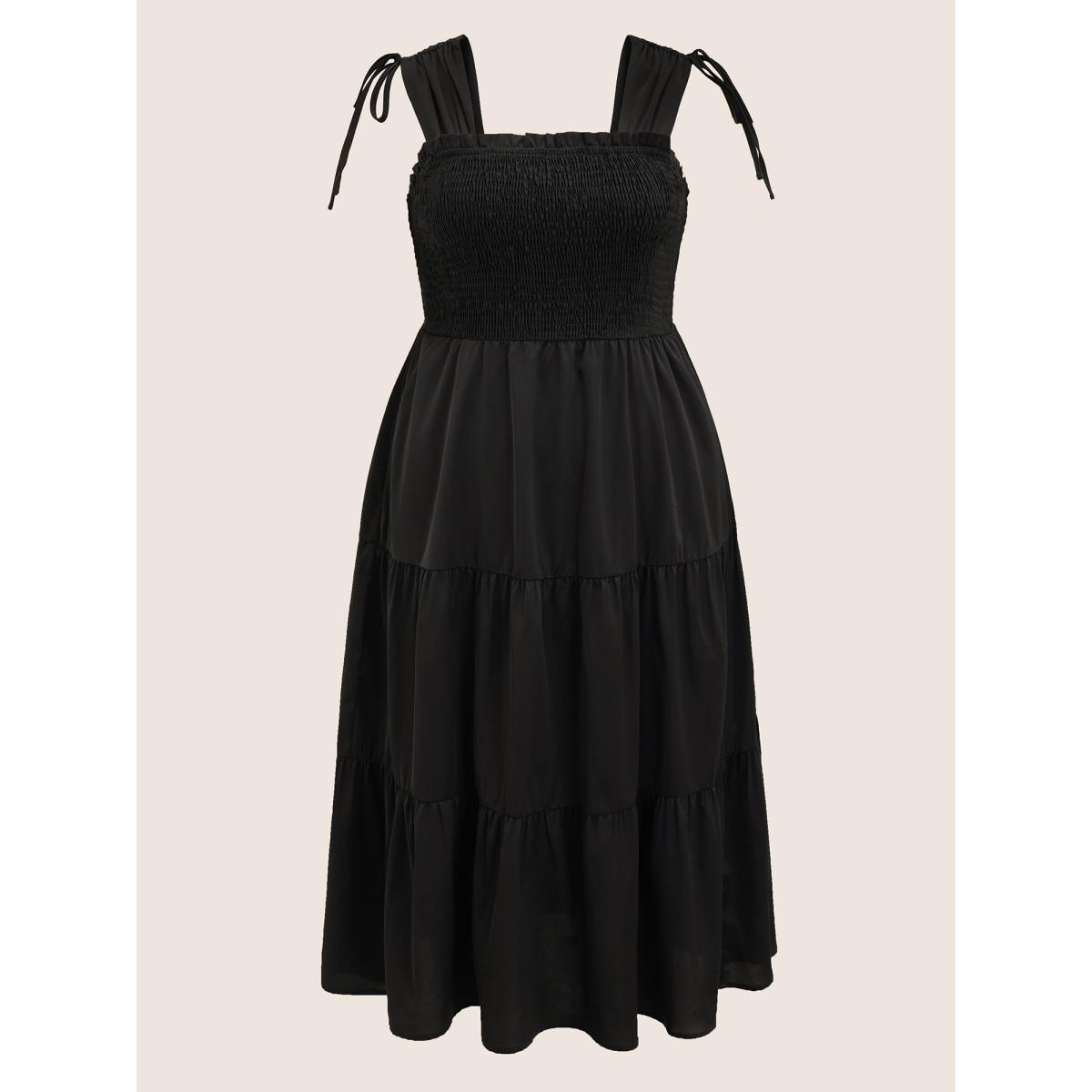 Plus Size Plain Shirred Drawstring Ruffle Layered Hem Dress Black Women Elegant Gathered Square Neck Sleeveless Curvy BloomChic 14-16/1X Product Image