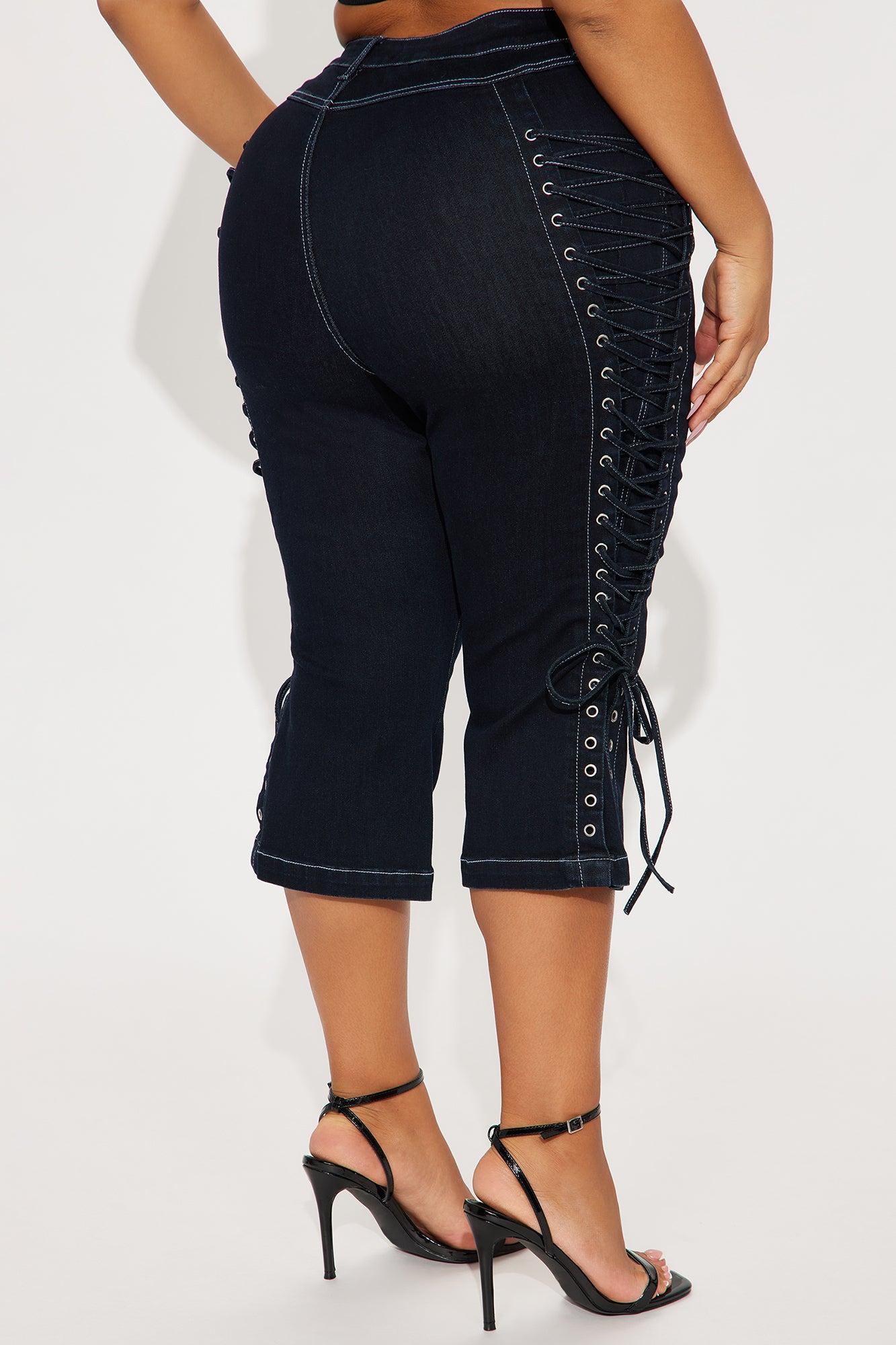 Laced Up Capri Kick Flare Jeans - Dark Wash Female Product Image