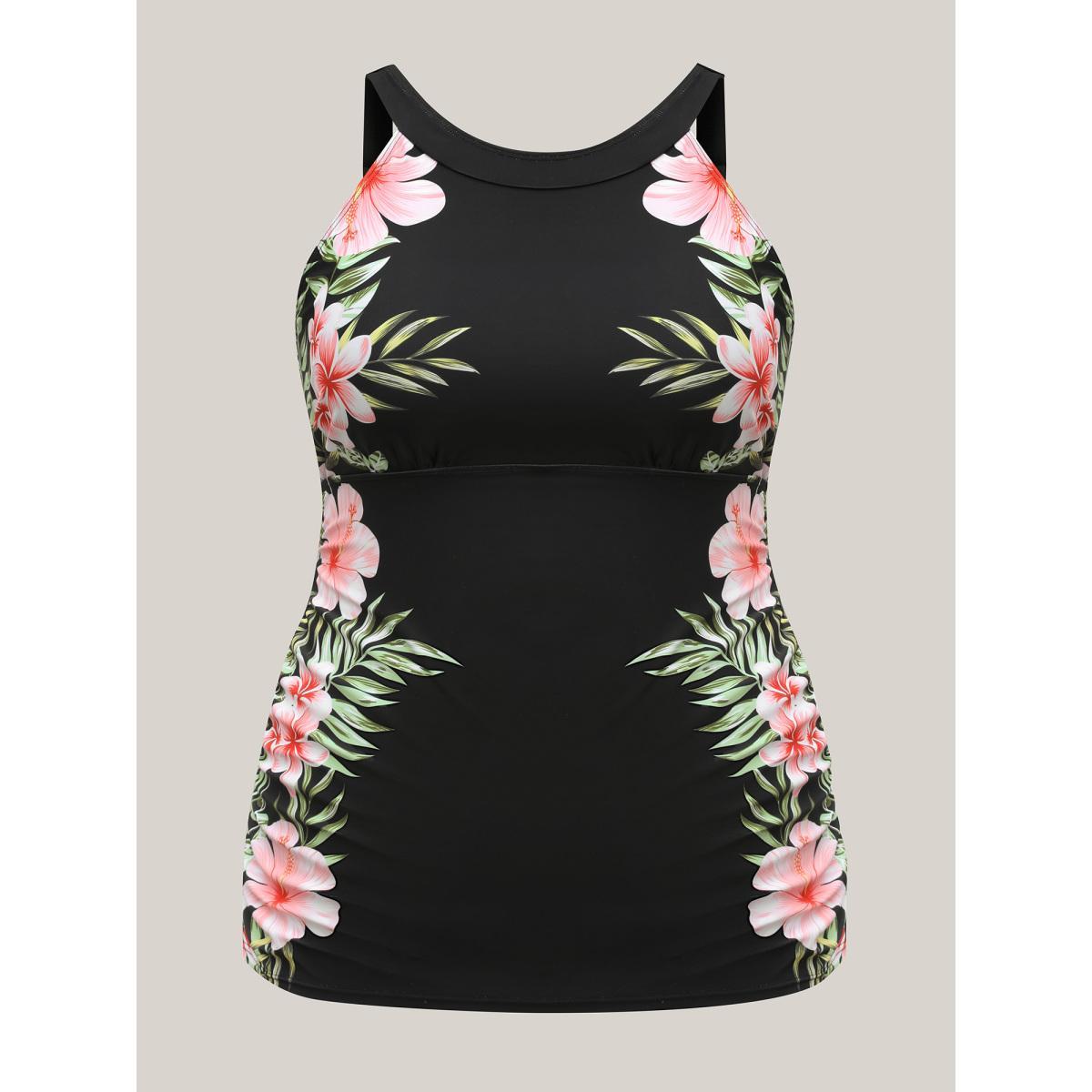 Plus Size Side Floral Pattern Round Neck Swim Top Women's Swimwear Black Resort Gathered High stretch Skinny Halter neck Curve Swim Tops BloomChic 28/5X Product Image