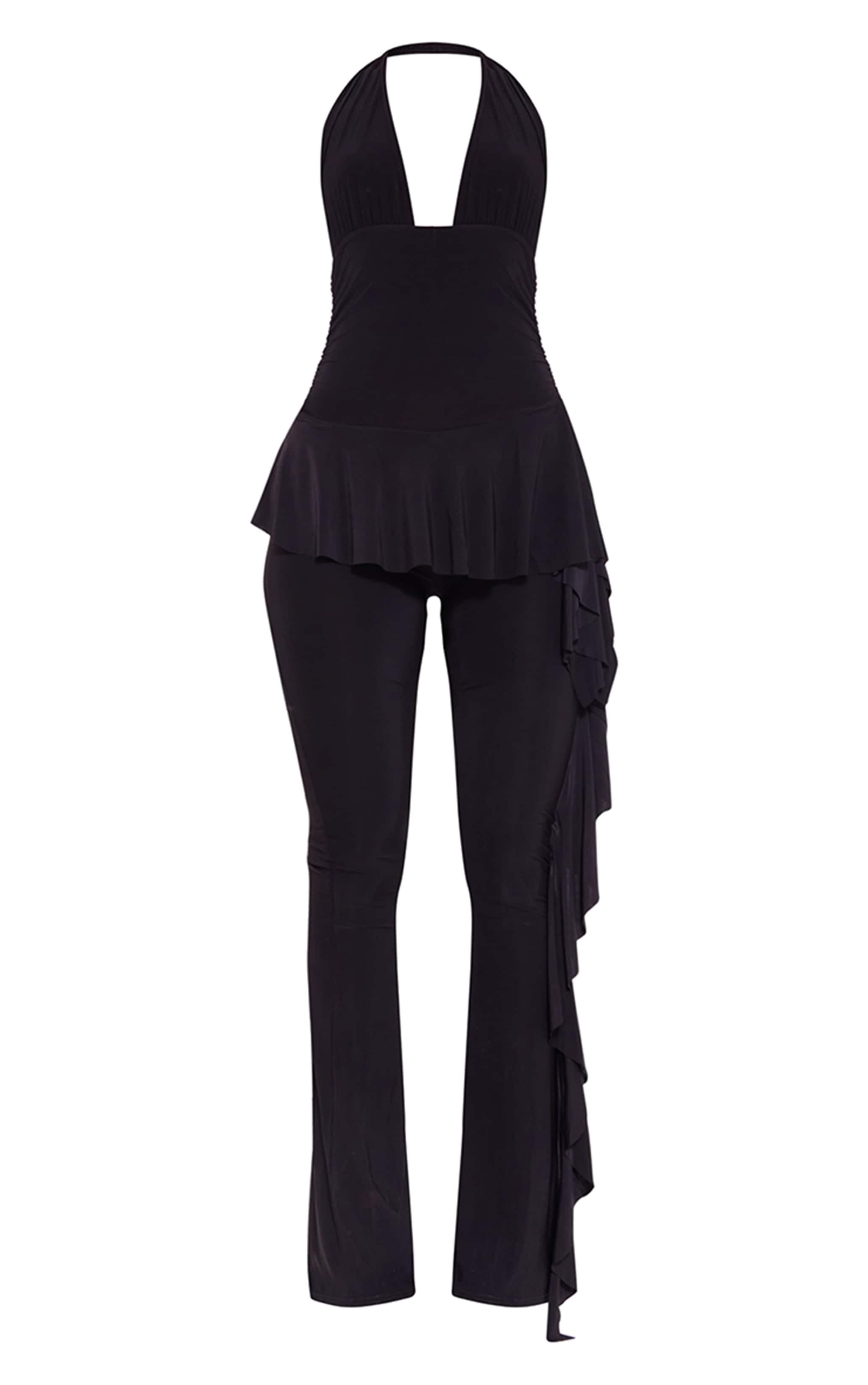 Black Slinky Plunge Frill Drape Jumpsuit Product Image