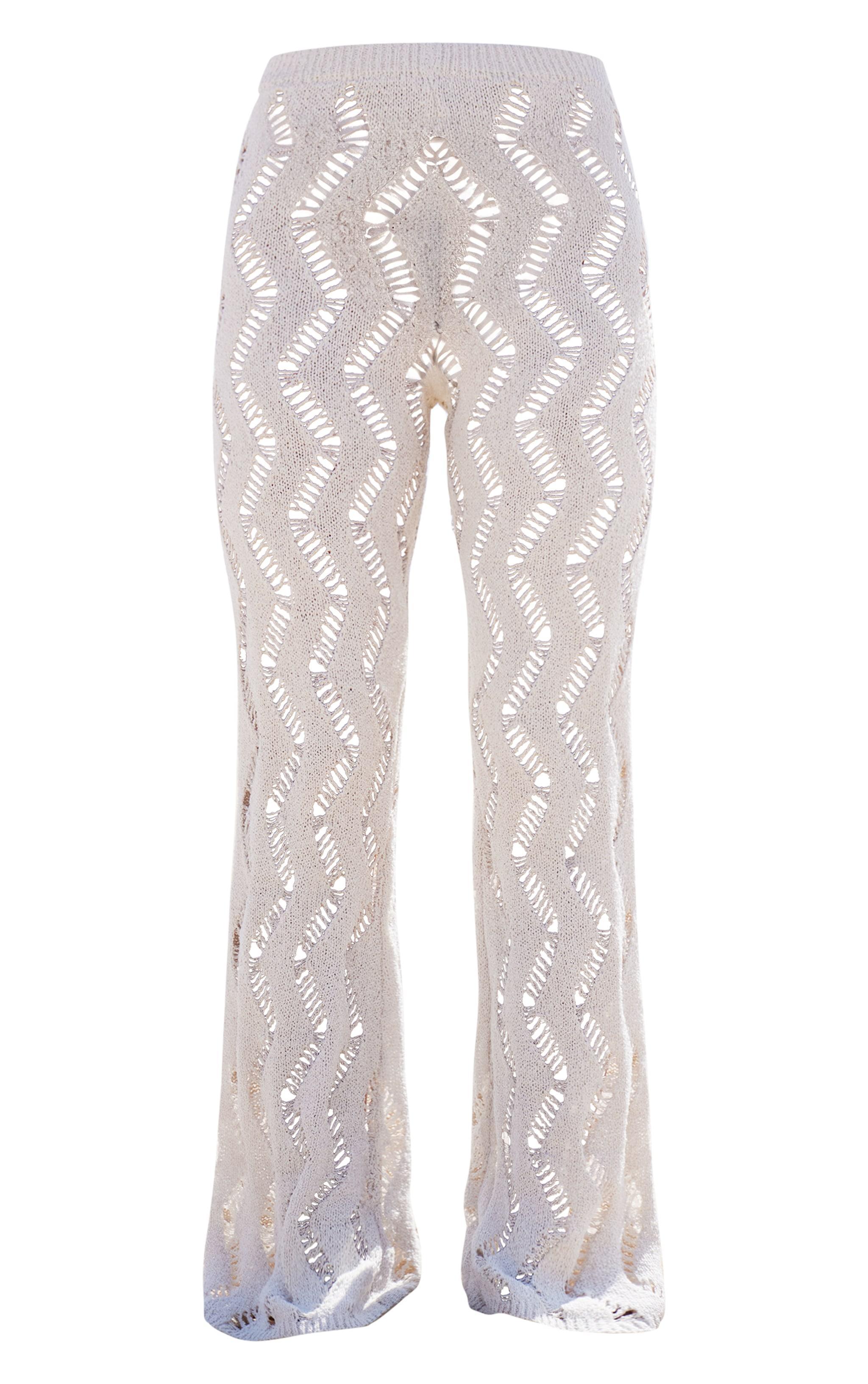 Sand Textured Cut Out Detail Knit Wide Leg Pants Product Image