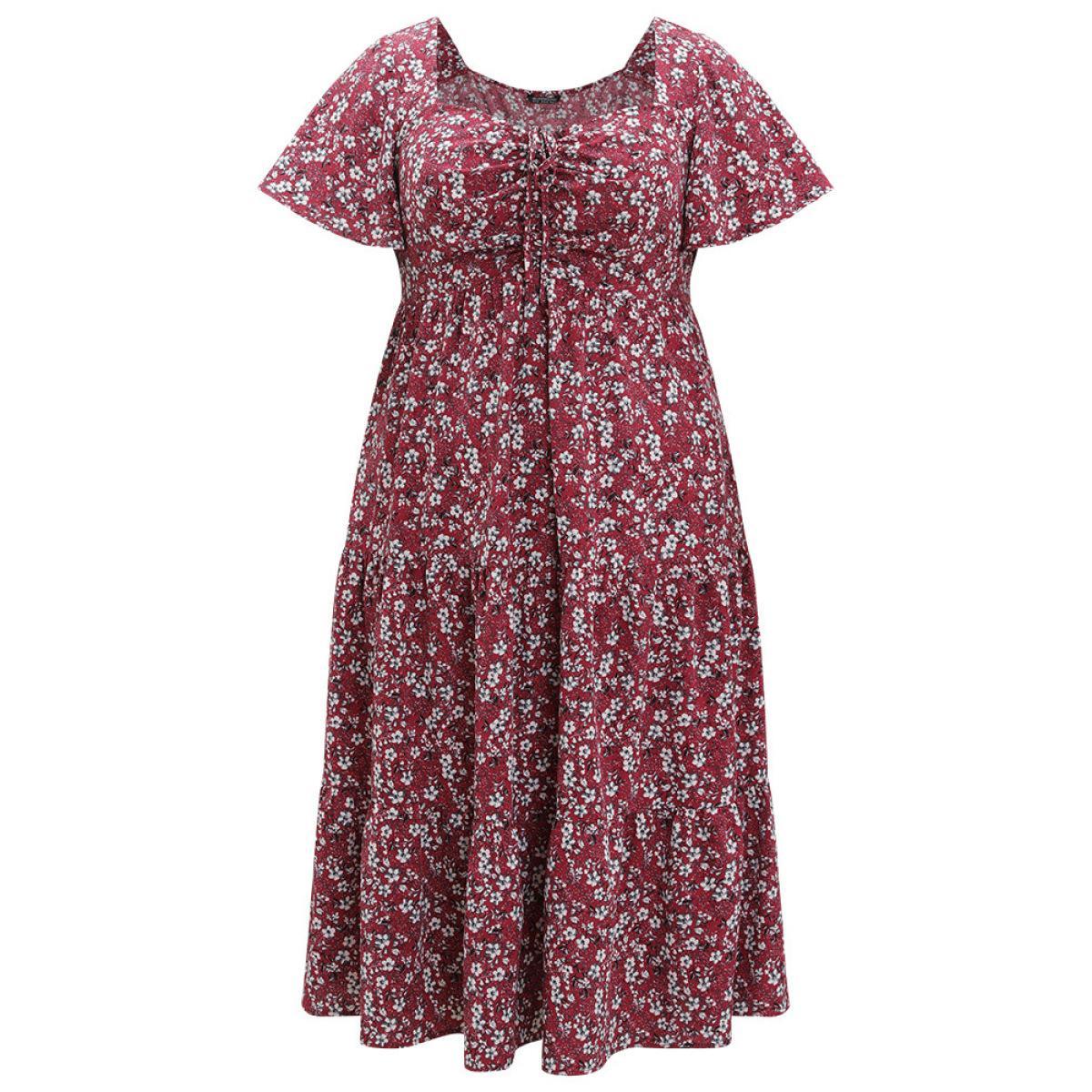 Plus Size Ditsy Floral Pocket Drawstring Ruched Flutter Sleeve Dress Scarlet Women Elegant Printed Square Neck Short sleeve Curvy Midi Dress BloomChic 26/4X Product Image