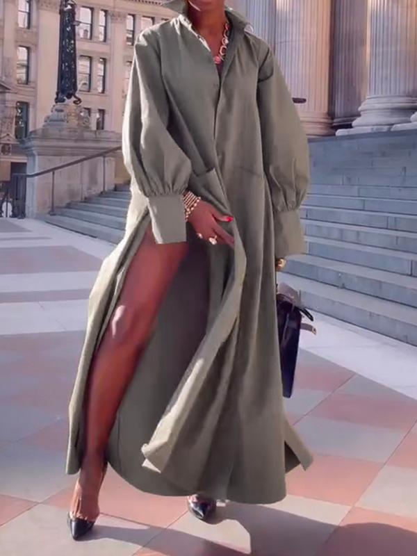 Long Sleeves Loose Solid Color Split-Joint Split-Side Lapel Maxi Dresses Shirt Dress Product Image