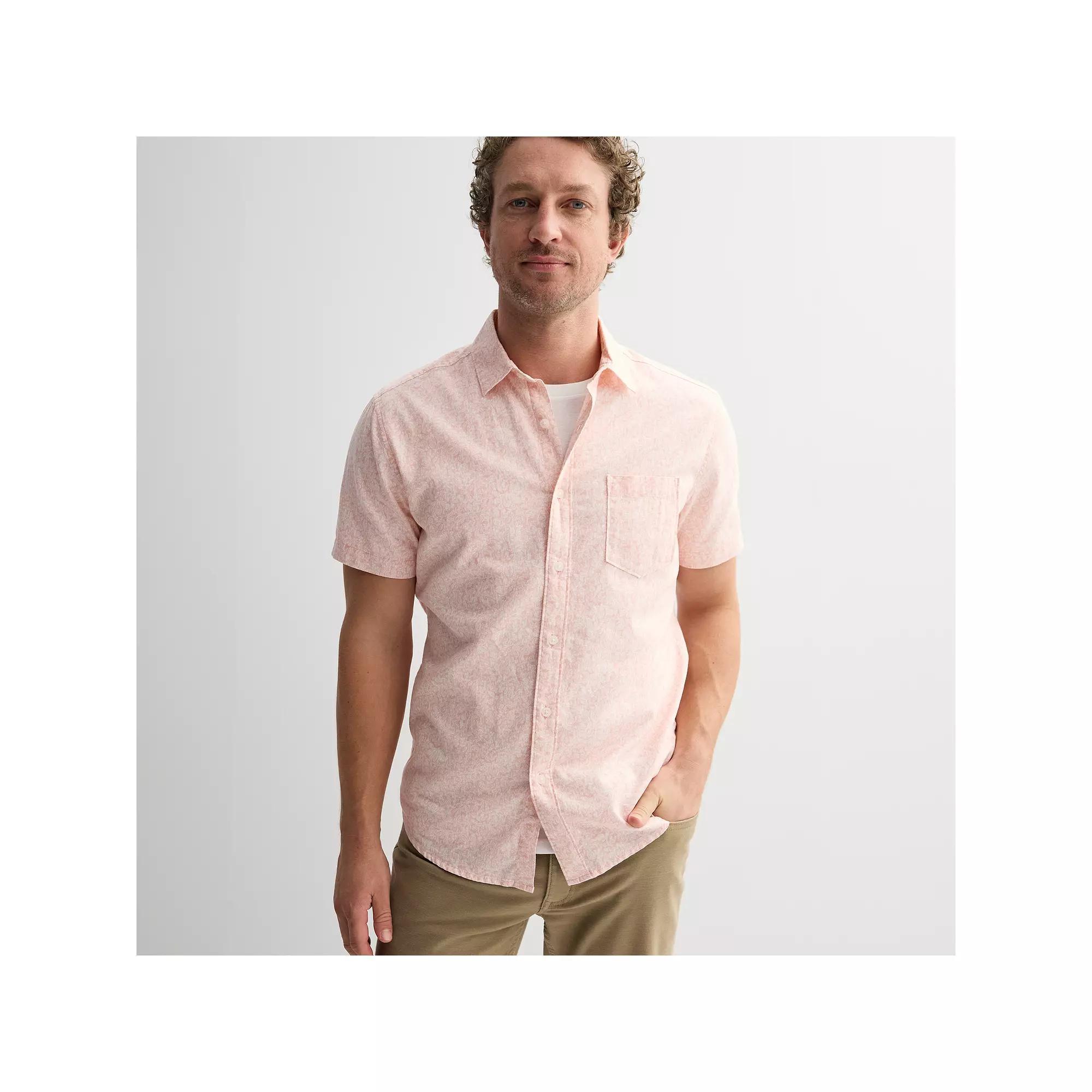Men's Sonoma Goods For Life® Short Sleeve Perfect Length Linen Shirt, Size: XL, Pink Texture Leaves Product Image