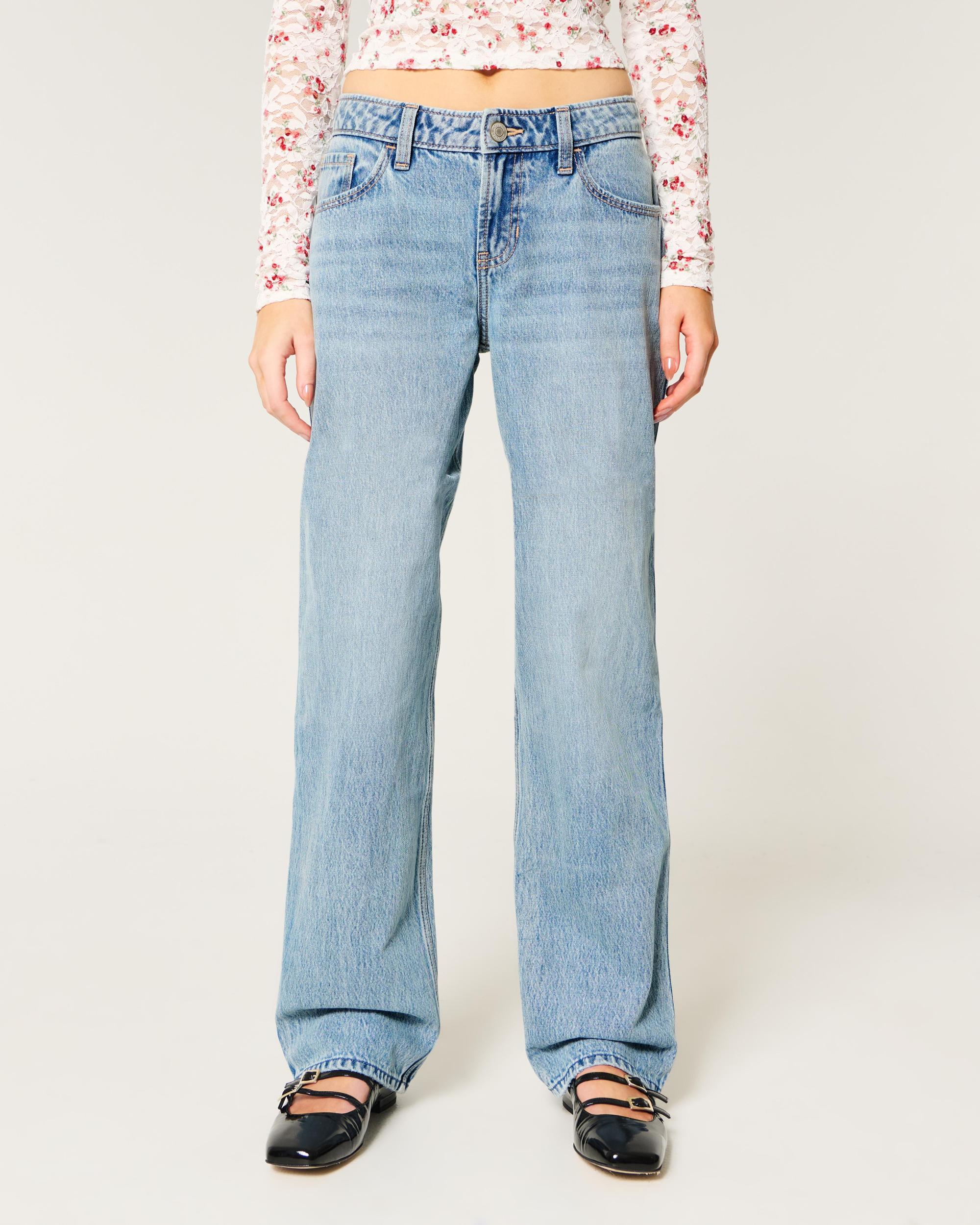 Low-Rise Medium Wash Eyelet Bow Loose Jeans Product Image