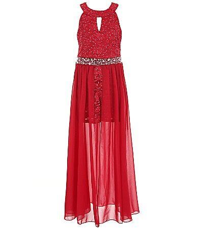 Xtraordinary Big Girls 7-16 Sleeveless Cut-Out Jeweled Waist Chiffon Walk-Through Glitter Lace Romper Product Image