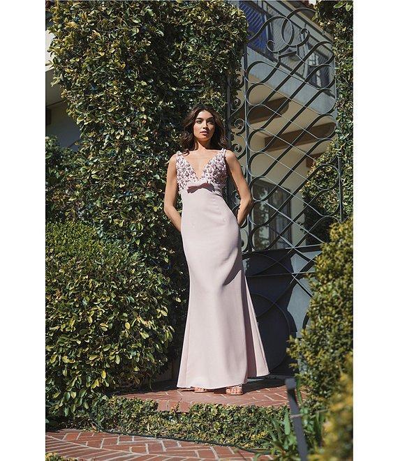 Mac Duggal V-Neck Beaded Bodice Crepe Aline Gown Product Image