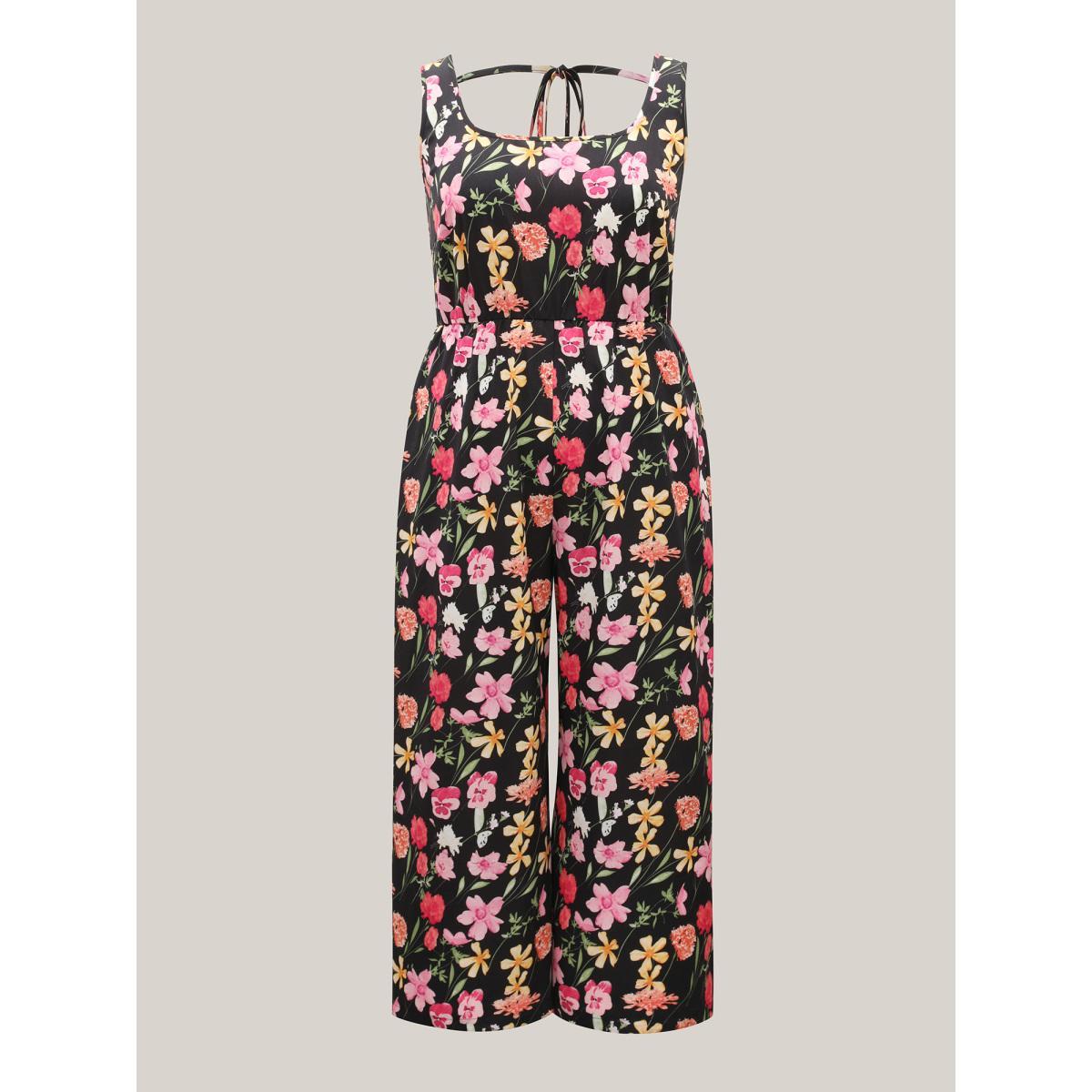 Plus Size Black Floral Print Pockets Straight-Leg Jumpsuit Women Sleeveless Square Neck Everyday-Elegant Loose Jumpsuits BloomChic 14-16/1X Product Image