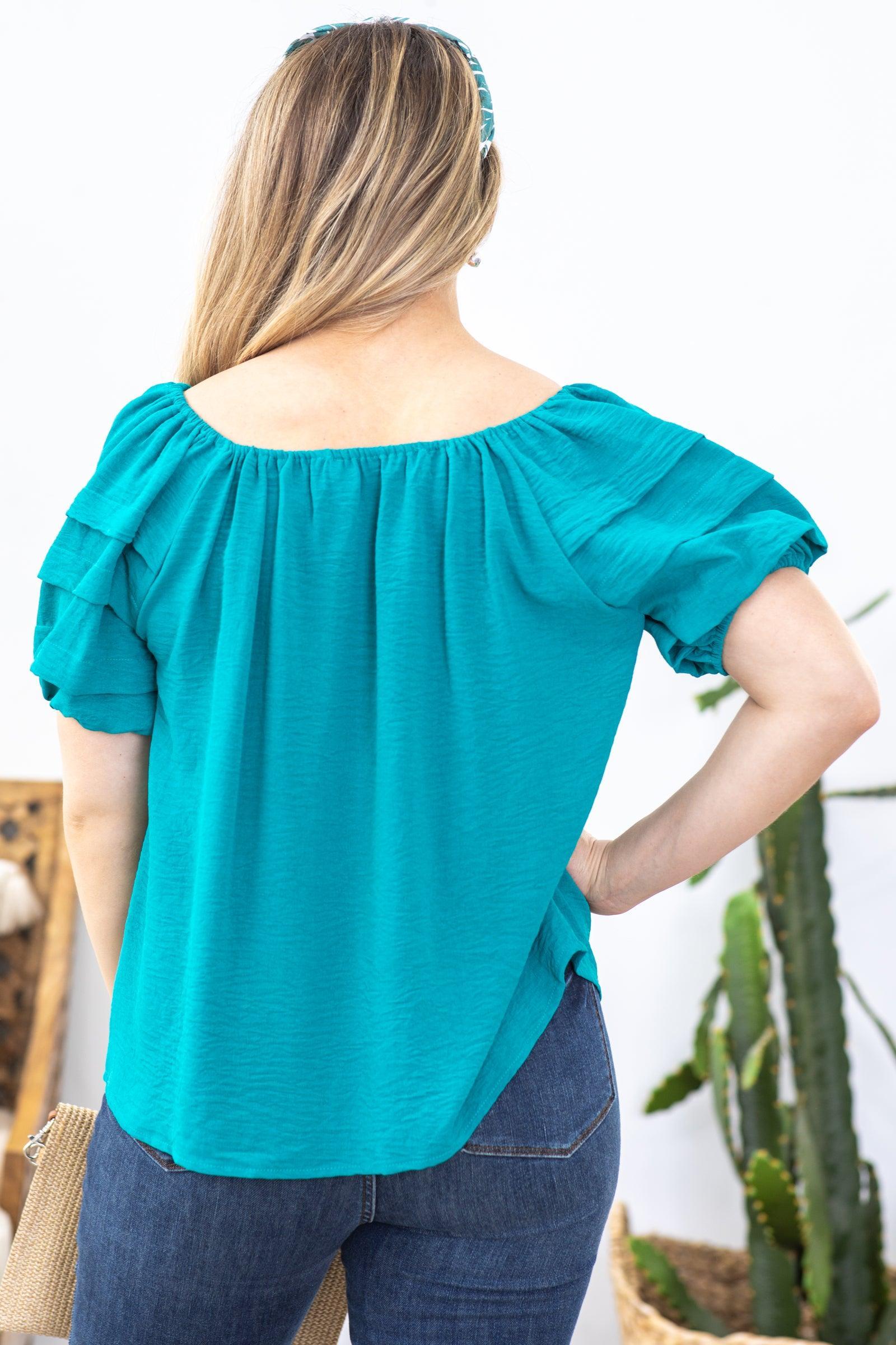Teal Tiered Puff Sleeve Woven Top Product Image