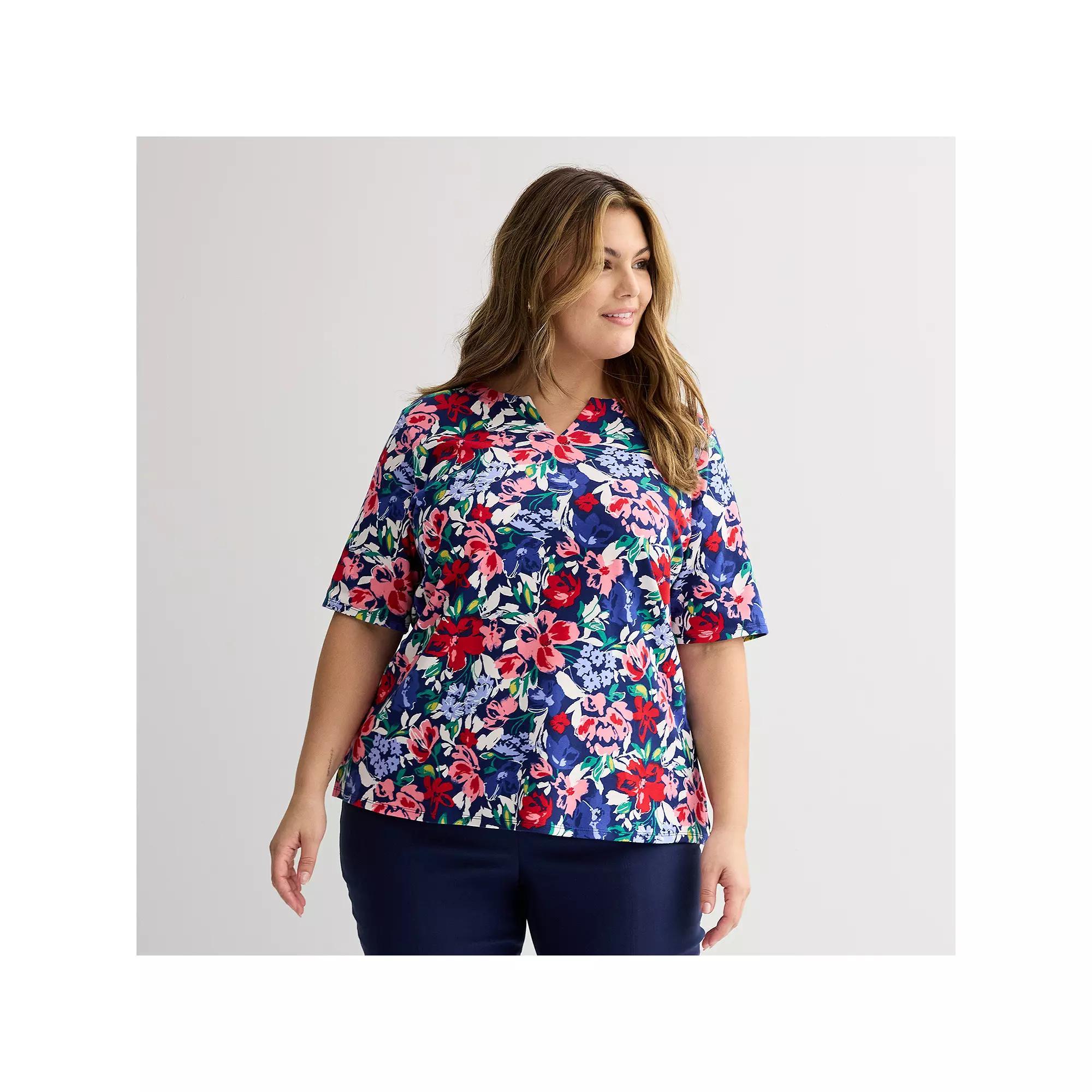 Plus Size Croft & Barrow® Elbow Sleeve Split Neck Top, Women's, Size: 1XL, Blue Exploded Floral Product Image