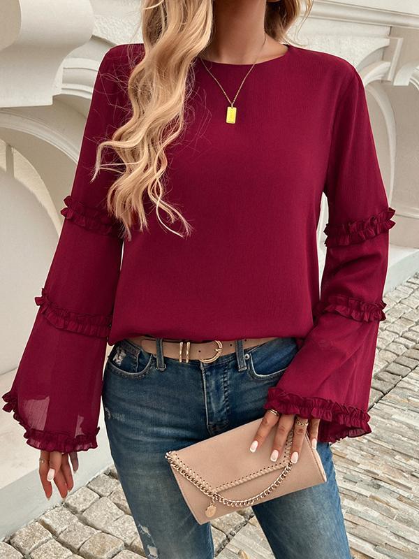 Flared Sleeves Long Sleeves Solid Color Split-Joint Round-Neck T-Shirts Tops Product Image