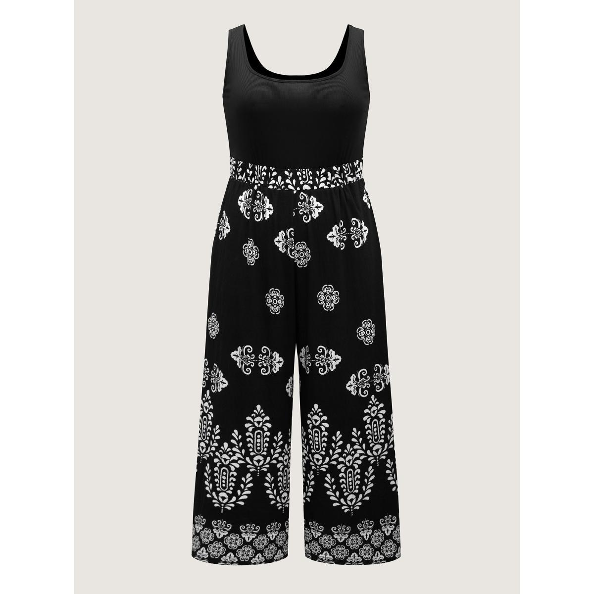Plus Size Black Boho Print Color Contrast Flowy Jumpsuit Women Sleeveless Round Neck Vacation Loose Jumpsuits BloomChic 30/6X Product Image