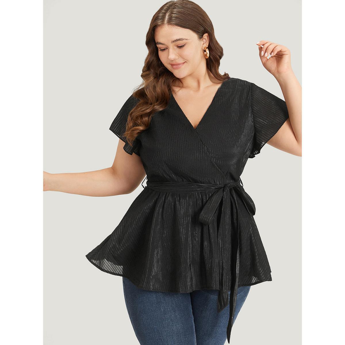 Plus Size Black Plain Plisse Surplice Neck Belted Flutter Blouse Women Elegant Short sleeve V-neck Dailywear Blouses BloomChic 30/6X Product Image