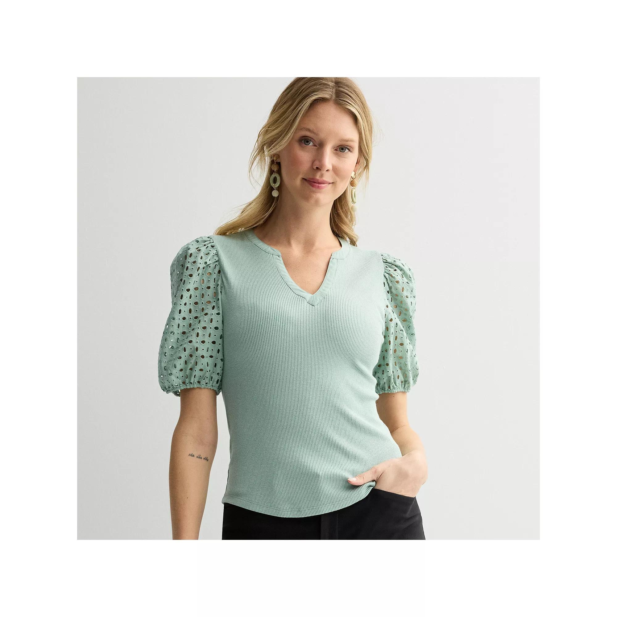 Women's Nine West Mixed Media Puff Sleeve Y-Neck Top, Size: Large, Hanover Blue Product Image