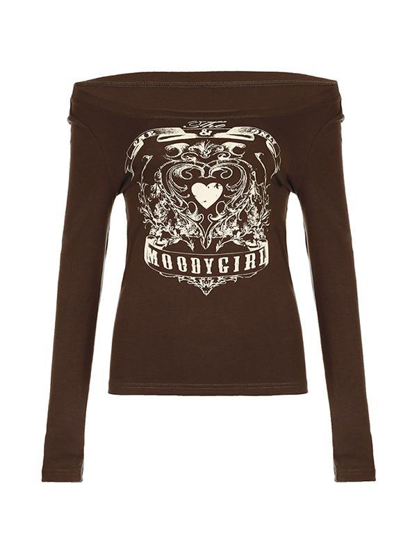 Vintage Heart Print Off Shoulder Long Sleeve Tee Product Image