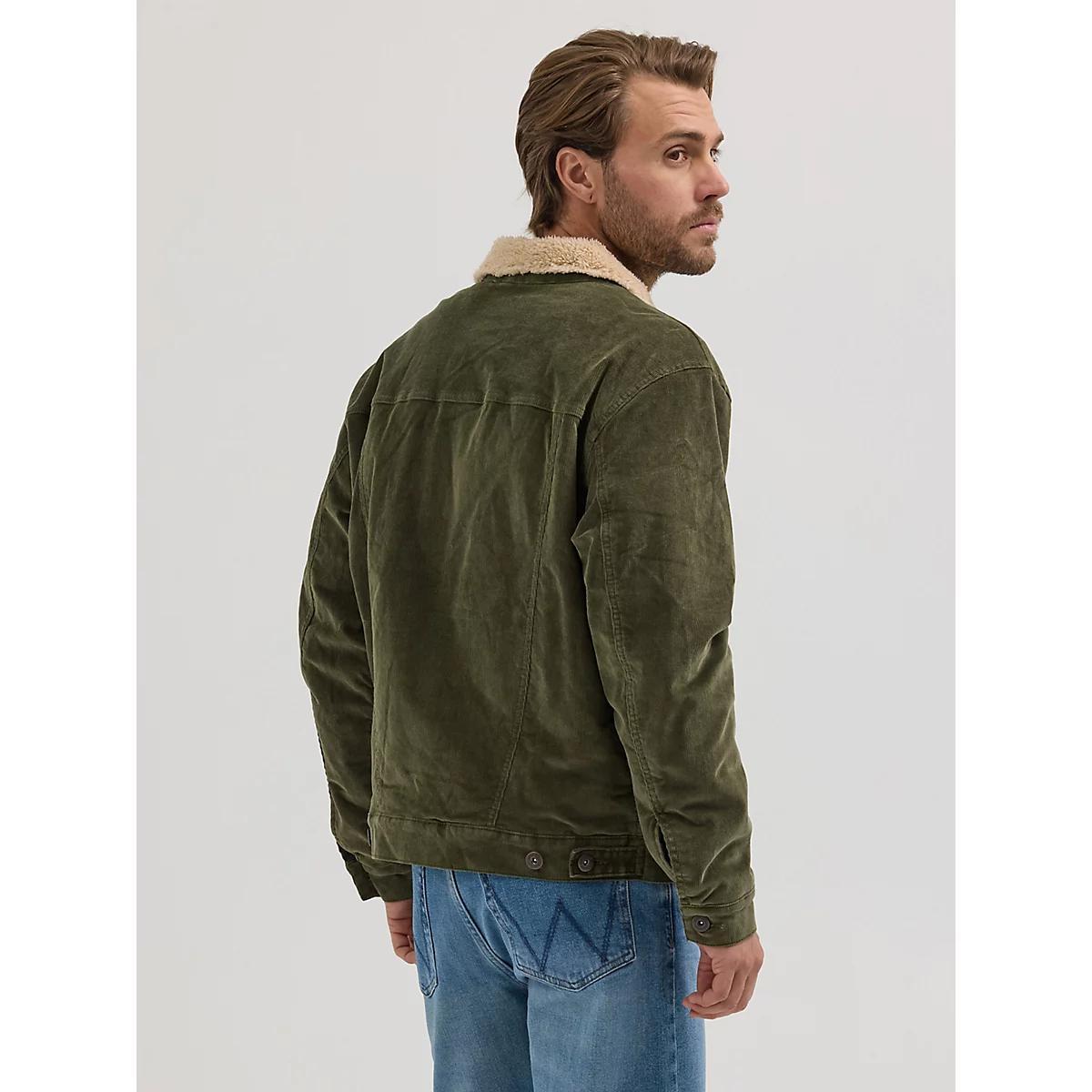 Men's Wrangler® Sherpa Lined Corduroy Trucker Jacket in Olive Night Product Image