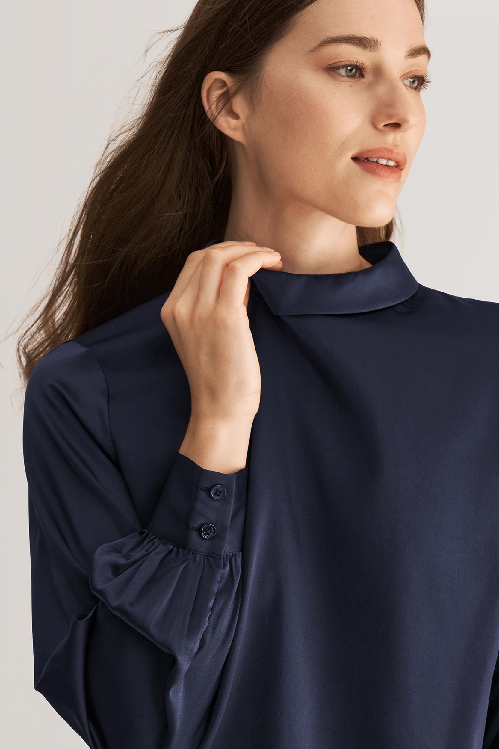LILYSILK Business Blue Elegant Silk Blouse | Long Sleeves Style | Women Silk Navy Stand Collar Skin-Friendly and Breathable XS Product Image