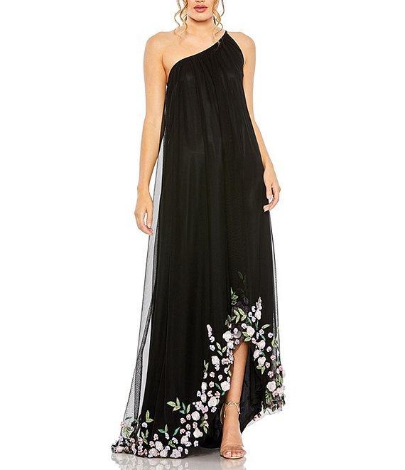 Mac Duggal Floral Pattern Embellished Tulle One Shoulder Sleeveless Trapeze Gown Product Image