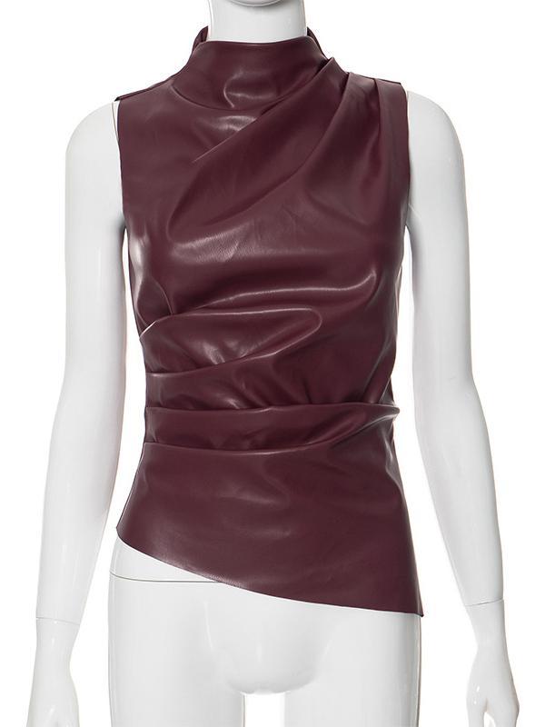 Skinny Sleeveless Asymmetric Pleated Solid Color Mock Neck Vest Top Product Image