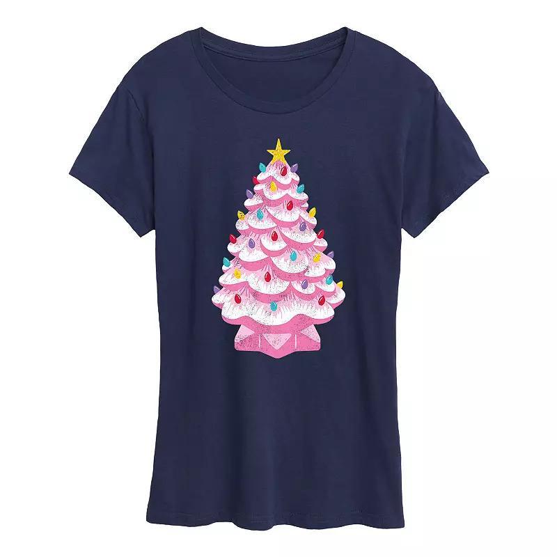 Women's Retro Pink Ceramic Christmas Tree Graphic Tee, Girl's,  Product Image
