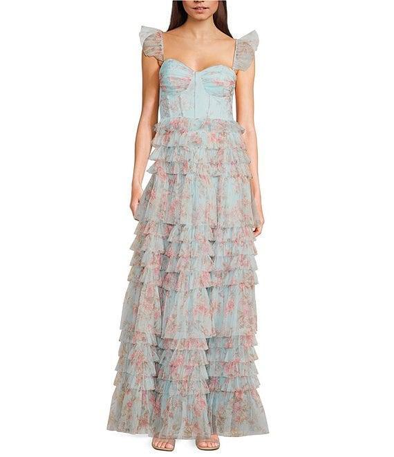 B. Darlin Floral Print Sweetheart Neck Bustier Spaghetti Strap Flutter Sleeve Ruffle Dress Product Image