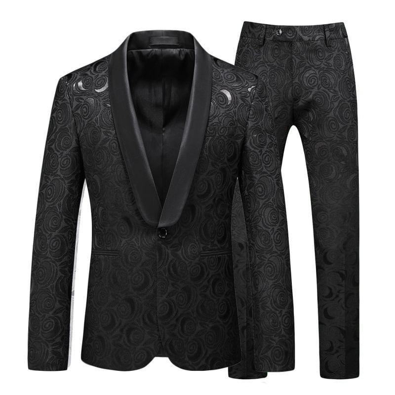 Set: Shawl Lapel Jacquard Single-Button Blazer + Tapered Dress Pants Product Image