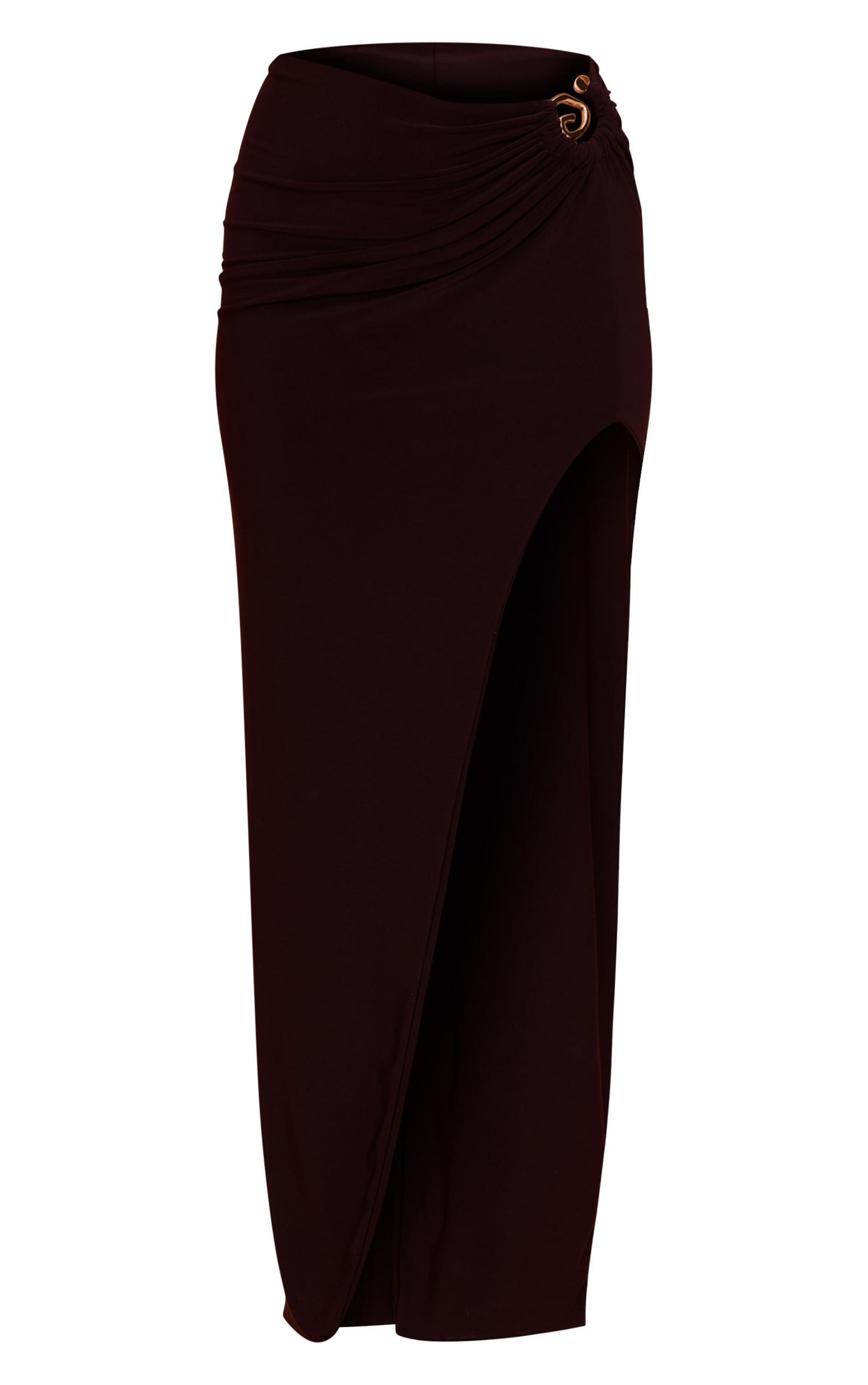 Dark Chocolate Stretch Chiffon Trim Detail Maxi Skirt Product Image
